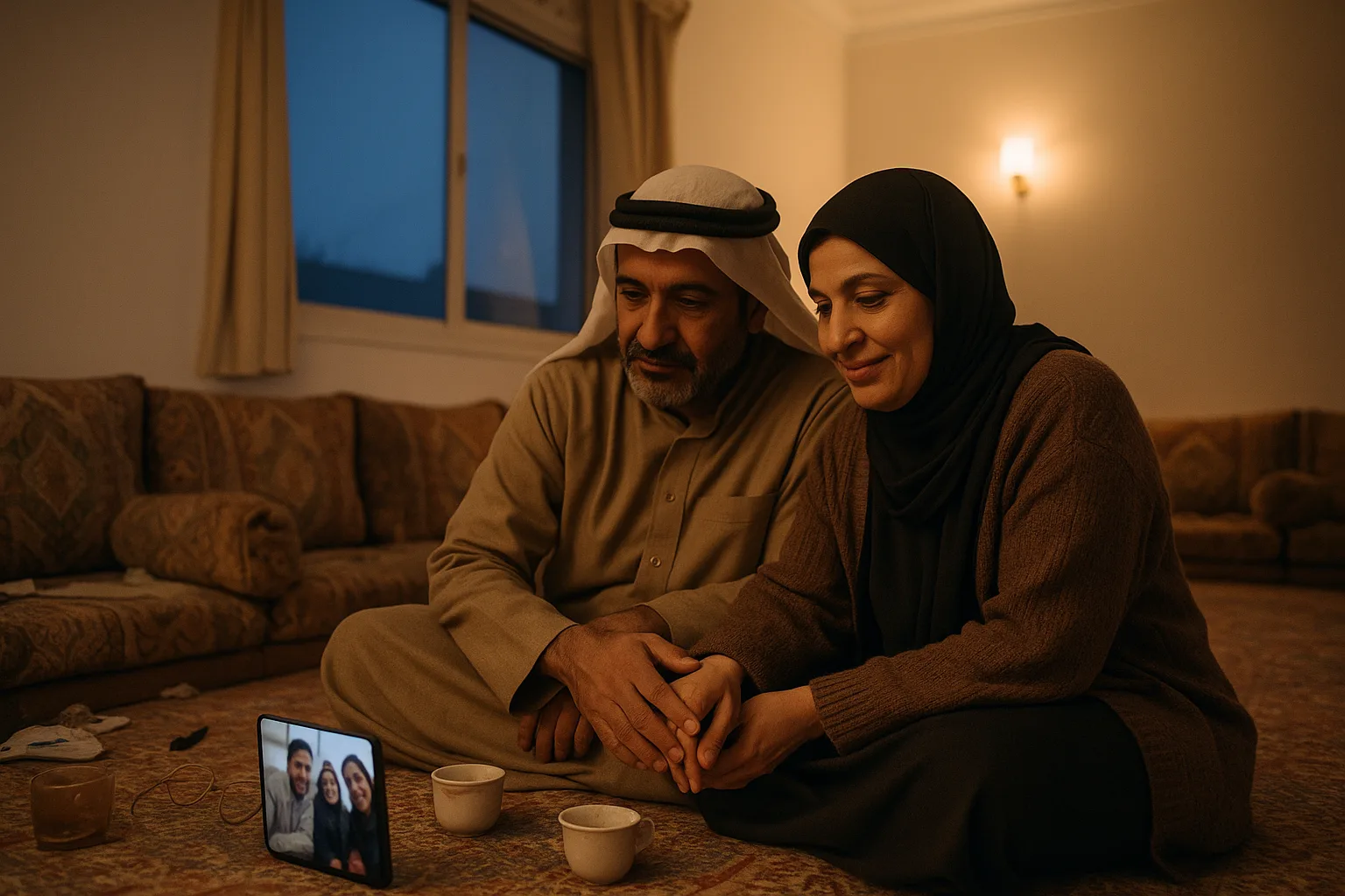 A married couple in their forties in Gulf family majlis with floor cushions along the walls