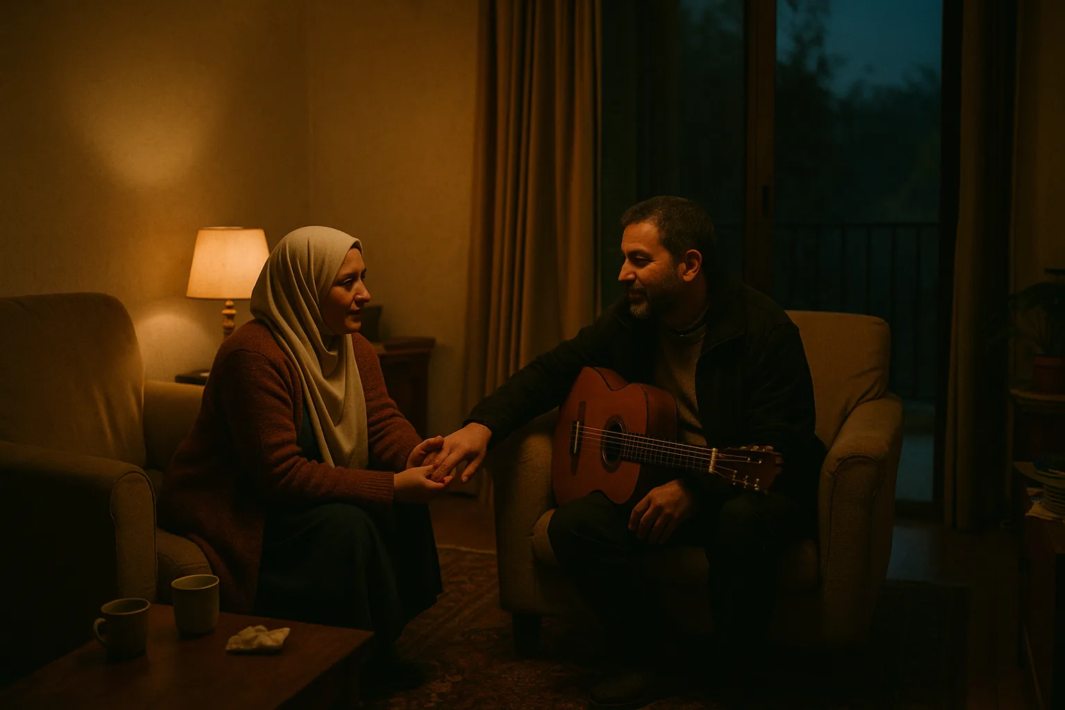 A married couple in their forties in Egyptian living room with a balcony and patterned rug