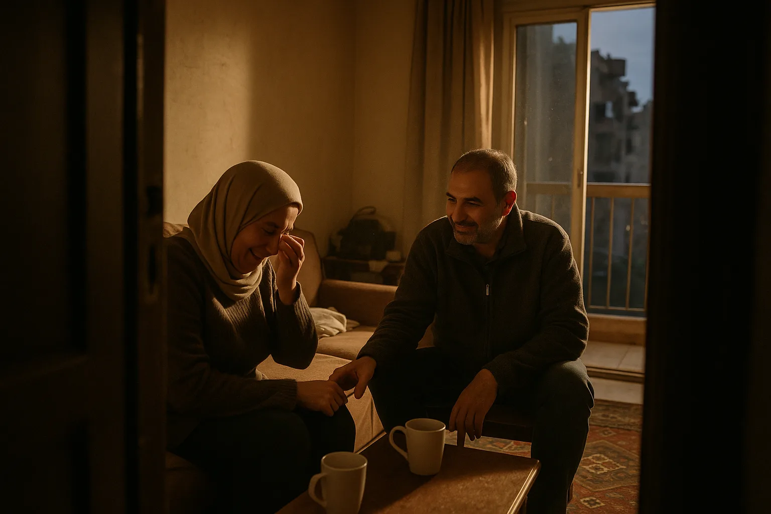 A married couple in their forties in Egyptian living room with a balcony and patterned rug