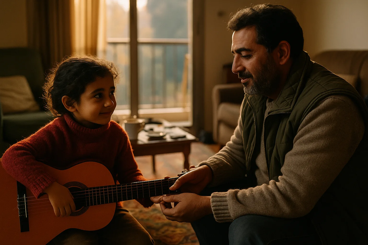A parent and a young child in Egyptian living room with a balcony and patterned rug