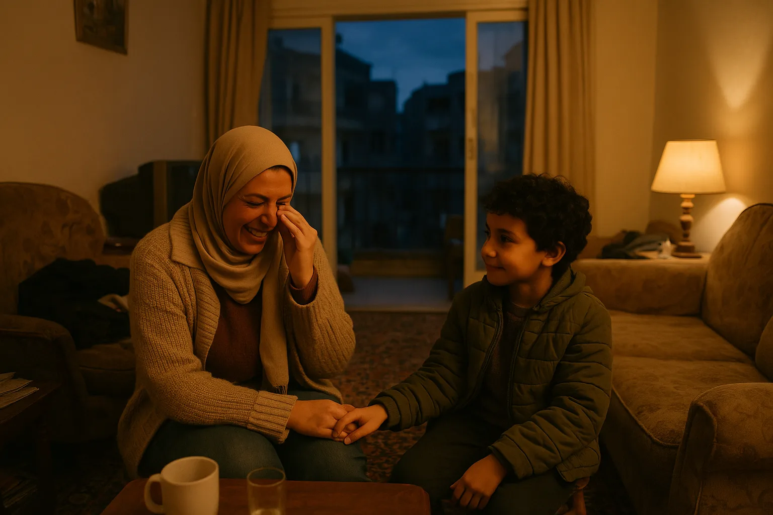 A parent and a young child in Egyptian living room with a balcony and patterned rug