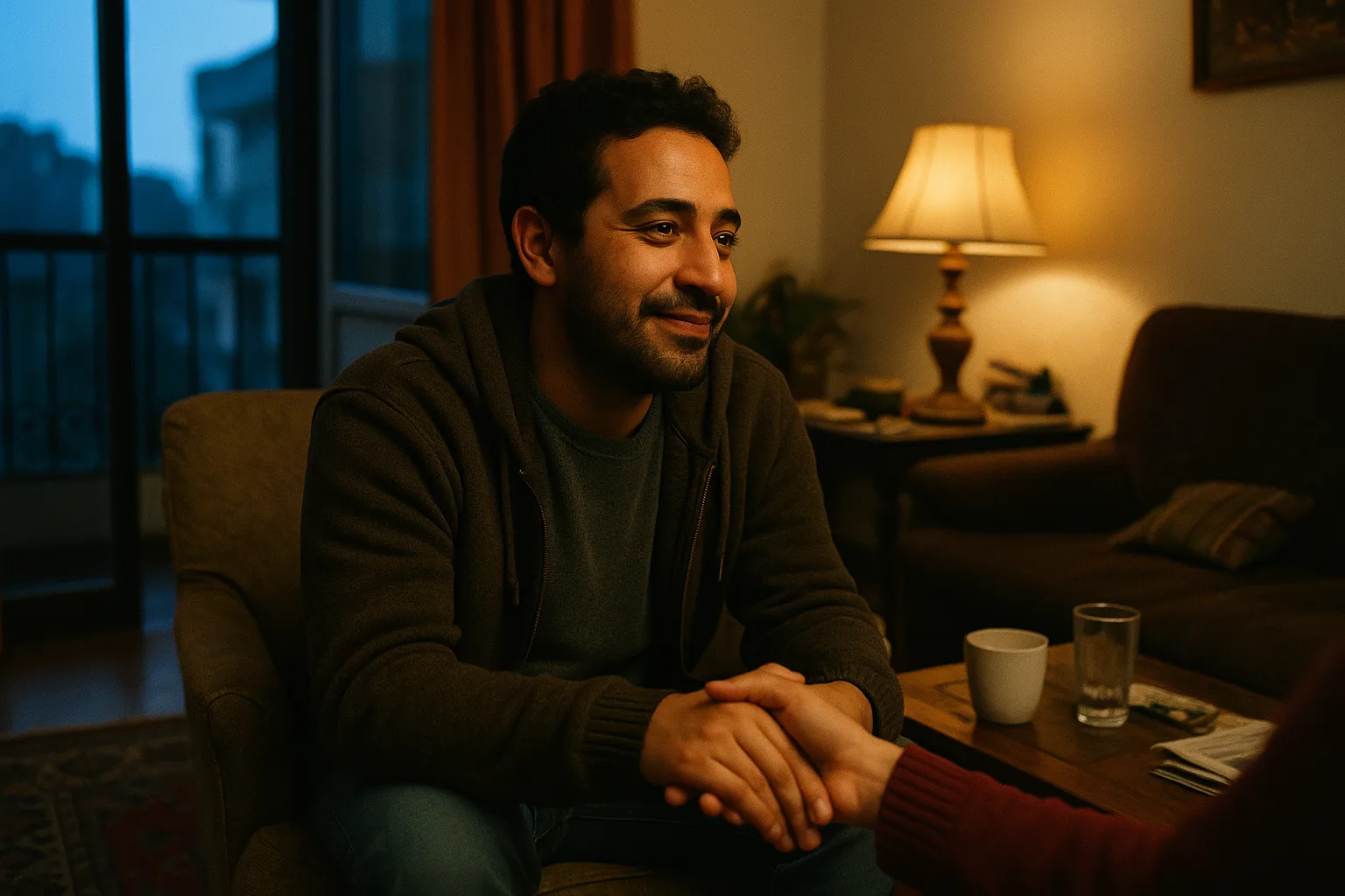 One person in their thirties, at home in Egyptian living room with a balcony and patterned rug