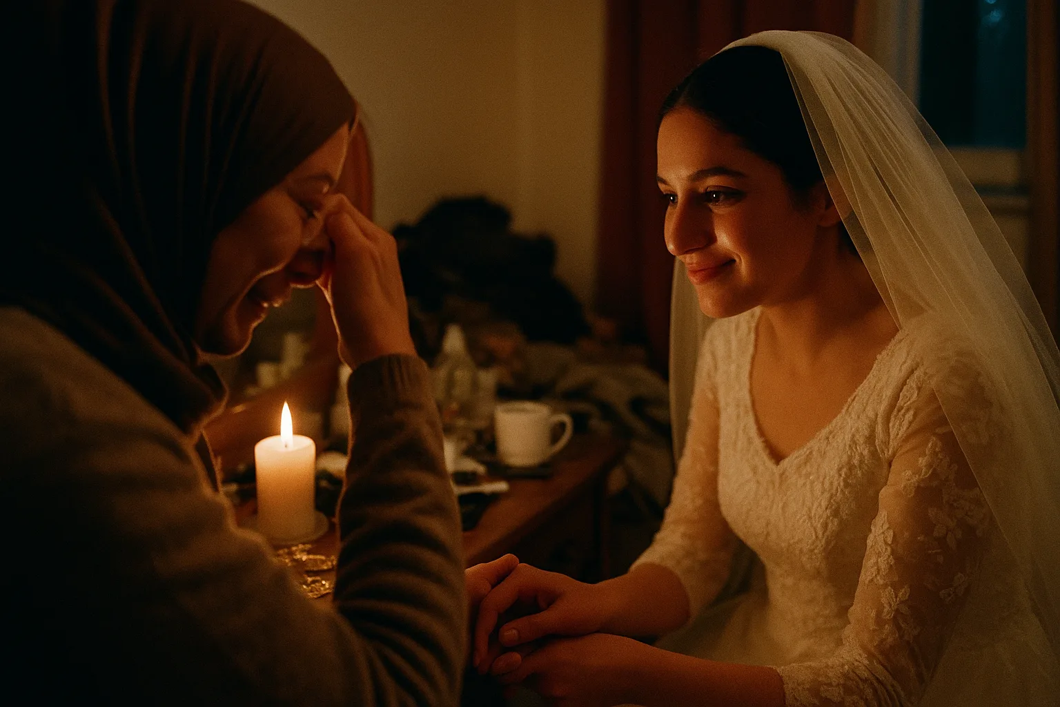 A bride and her mother in bridal room before the zaffa, gold jewellery on the table