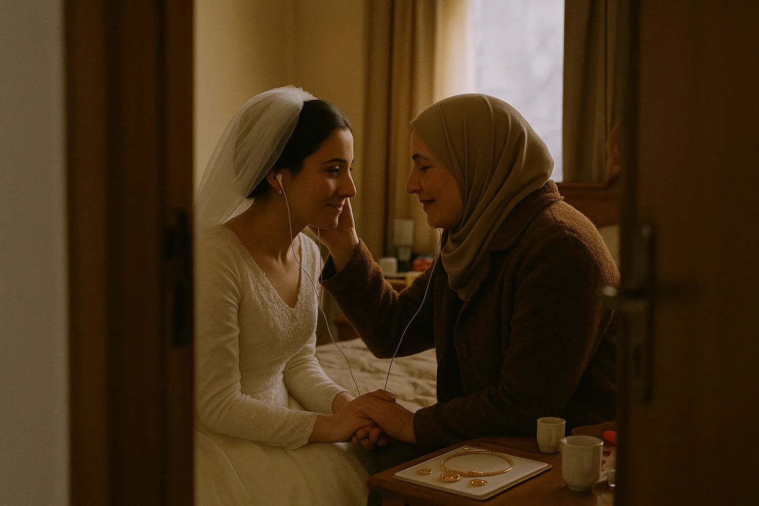 A bride and her mother in bridal room before the zaffa, gold jewellery on the table
