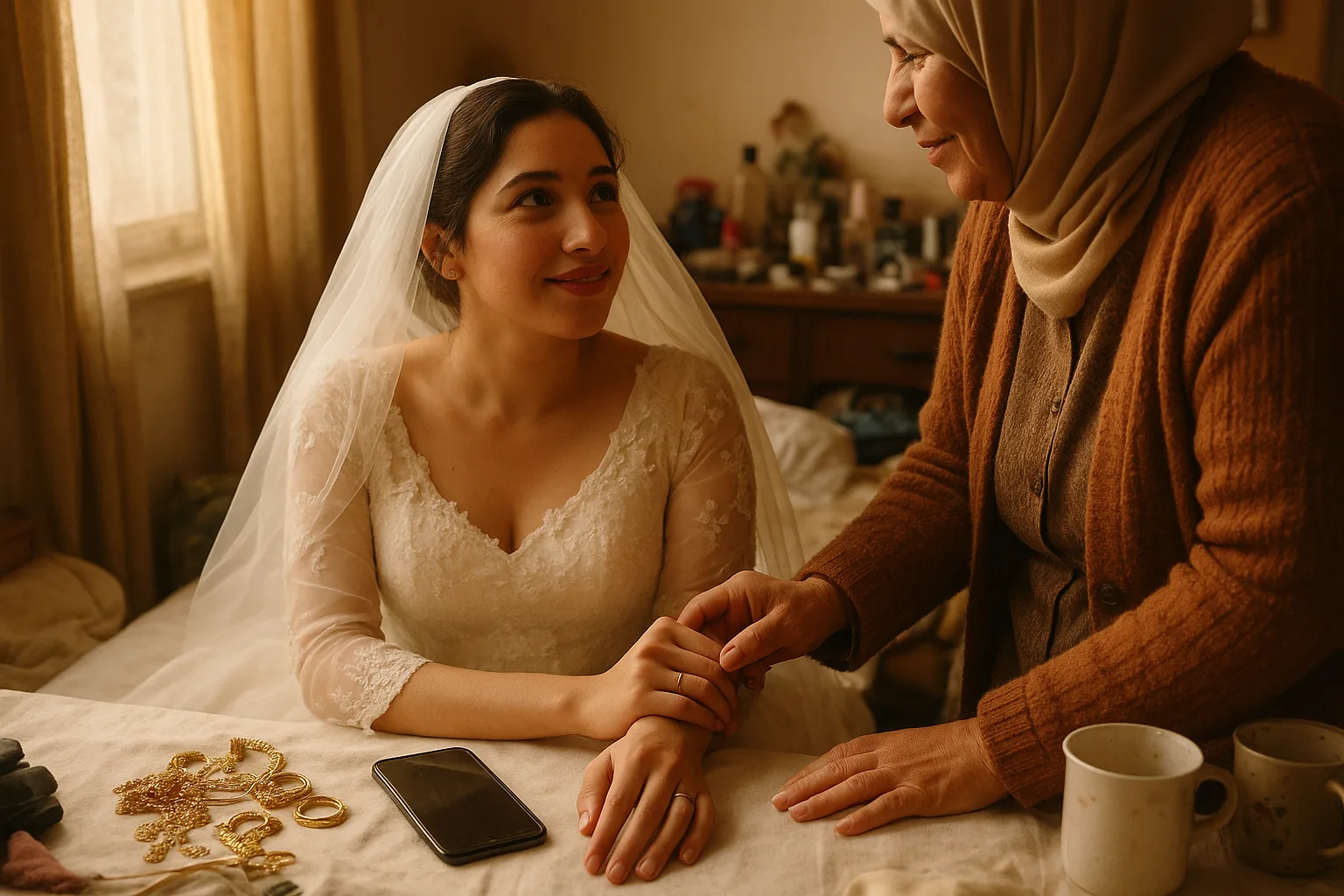 A bride and her mother in bridal room before the zaffa, gold jewellery on the table
