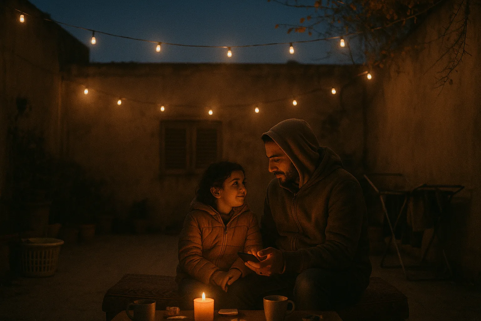 A parent and a young child in courtyard strung with lights in the evening