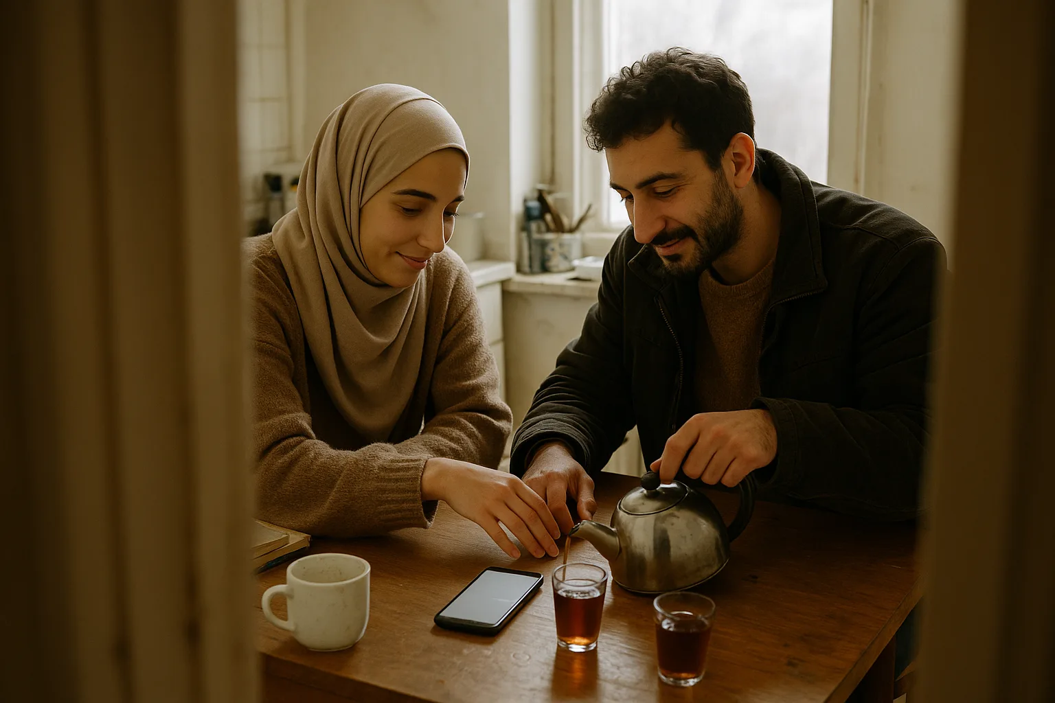 A young couple in their late twenties in kitchen where tea is being poured into small glasses