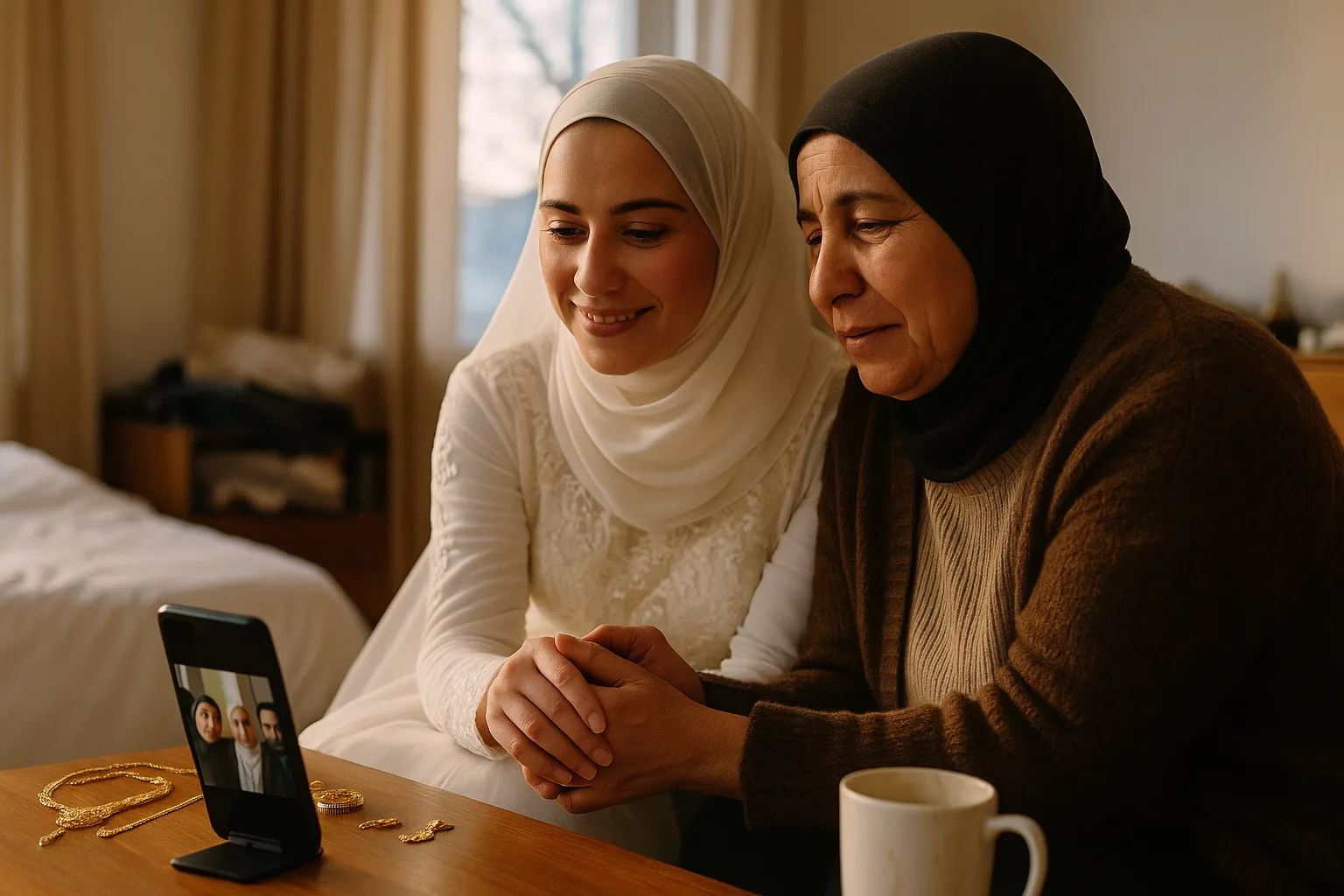 A bride and her mother in bridal room before the zaffa, gold jewellery on the table