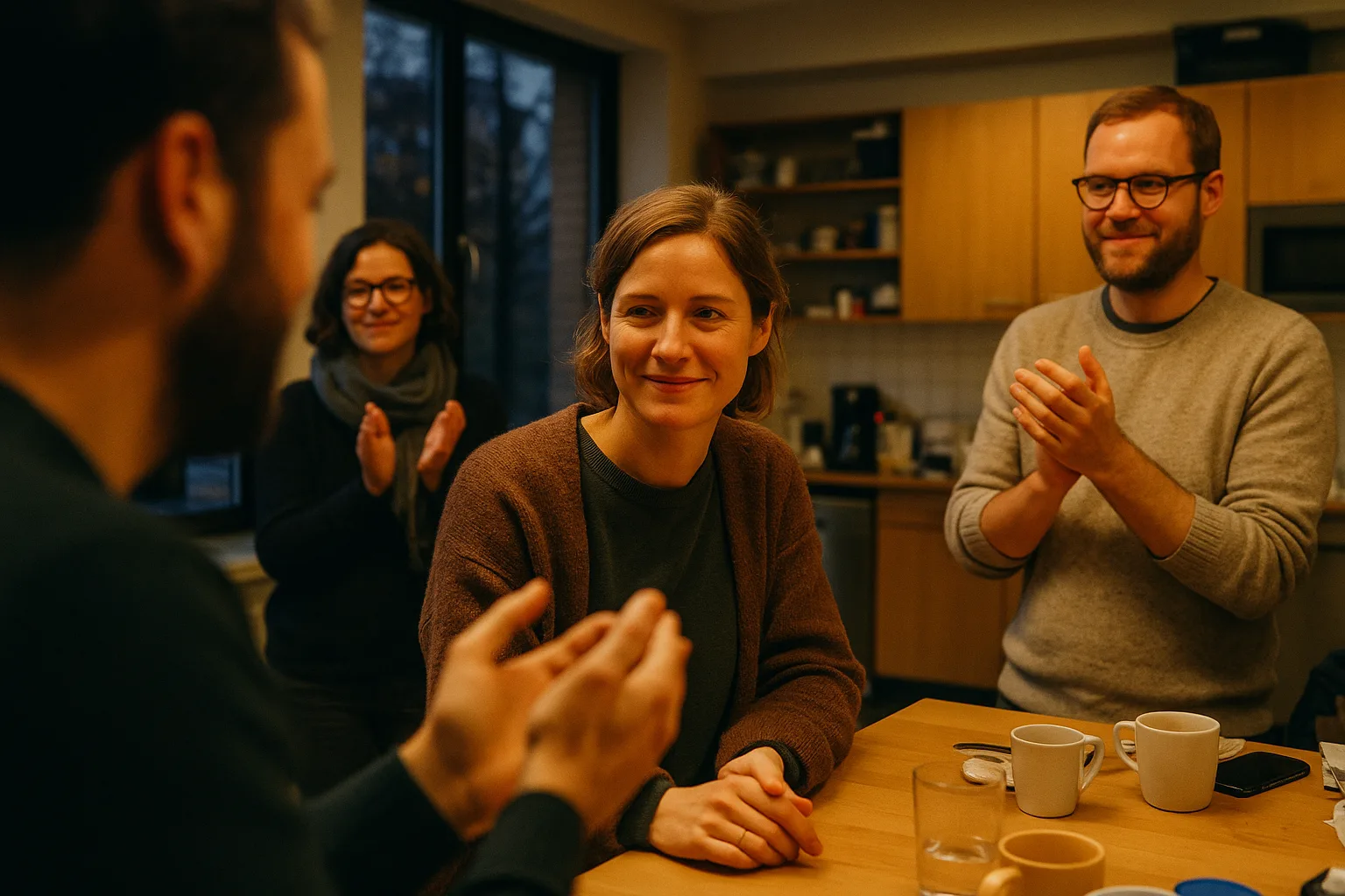 Work colleagues in their thirties and forties in American open-plan office kitchen, in Germany