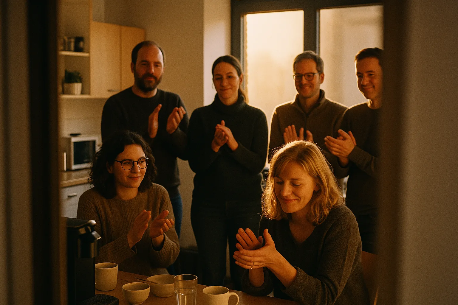 Work colleagues in their thirties and forties in American open-plan office kitchen, in Germany