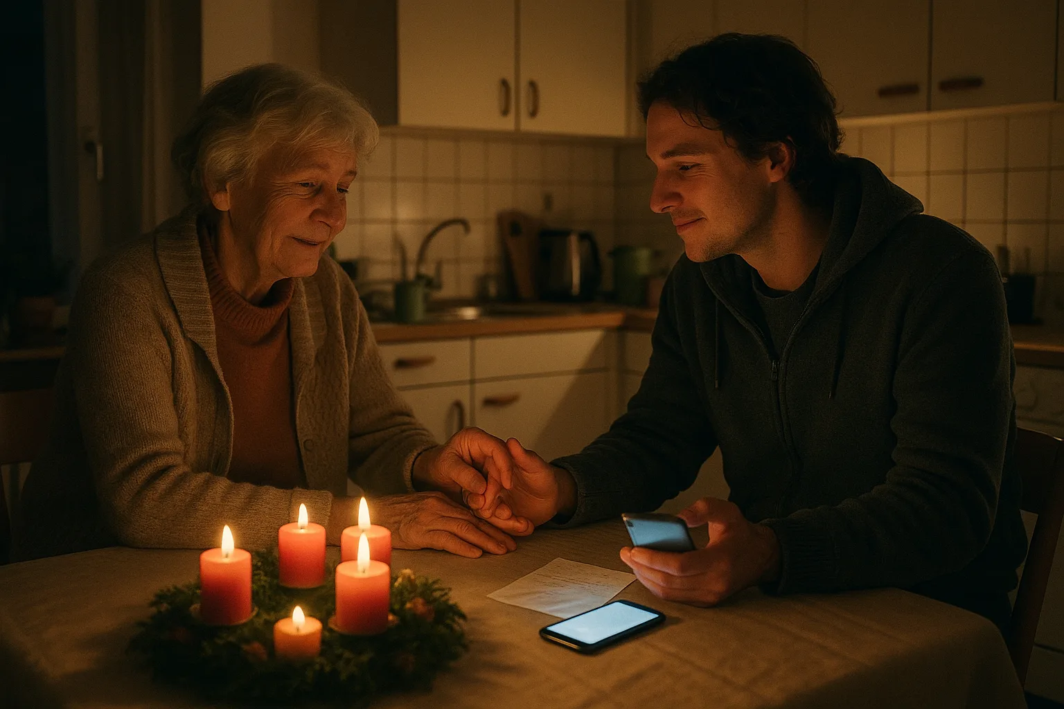 An older woman in her seventies and a grown grandchild in kitchen with an Advent wreath on the table