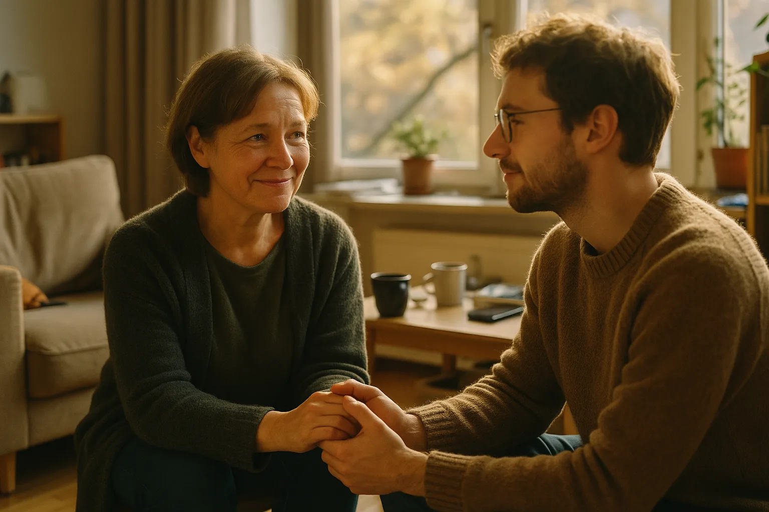 A mother in her fifties and her adult child in tidy German flat with pale wood floors and a large window