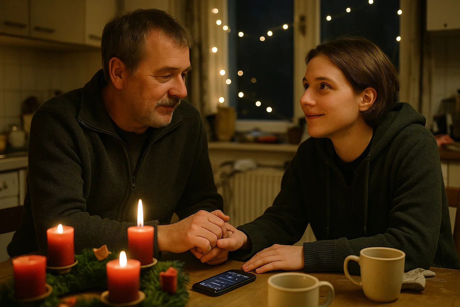 A father in his fifties and his adult child in kitchen with an Advent wreath on the table