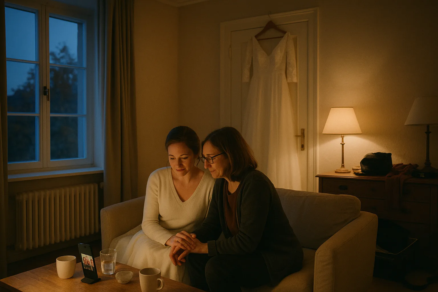 A bride and her mother in bridal suite before the ceremony, dress hanging on the door, in Germany