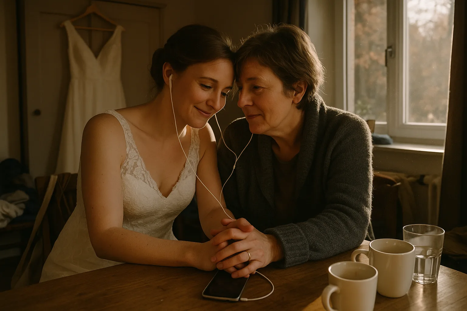 A bride and her mother in bridal suite before the ceremony, dress hanging on the door, in Germany