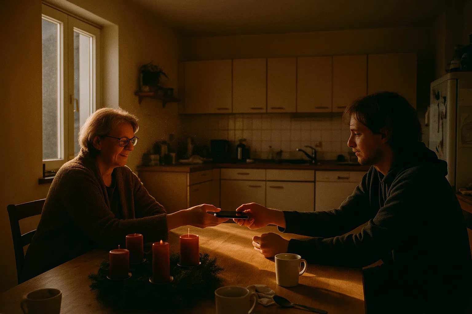 A mother in her fifties and her adult child in kitchen with an Advent wreath on the table