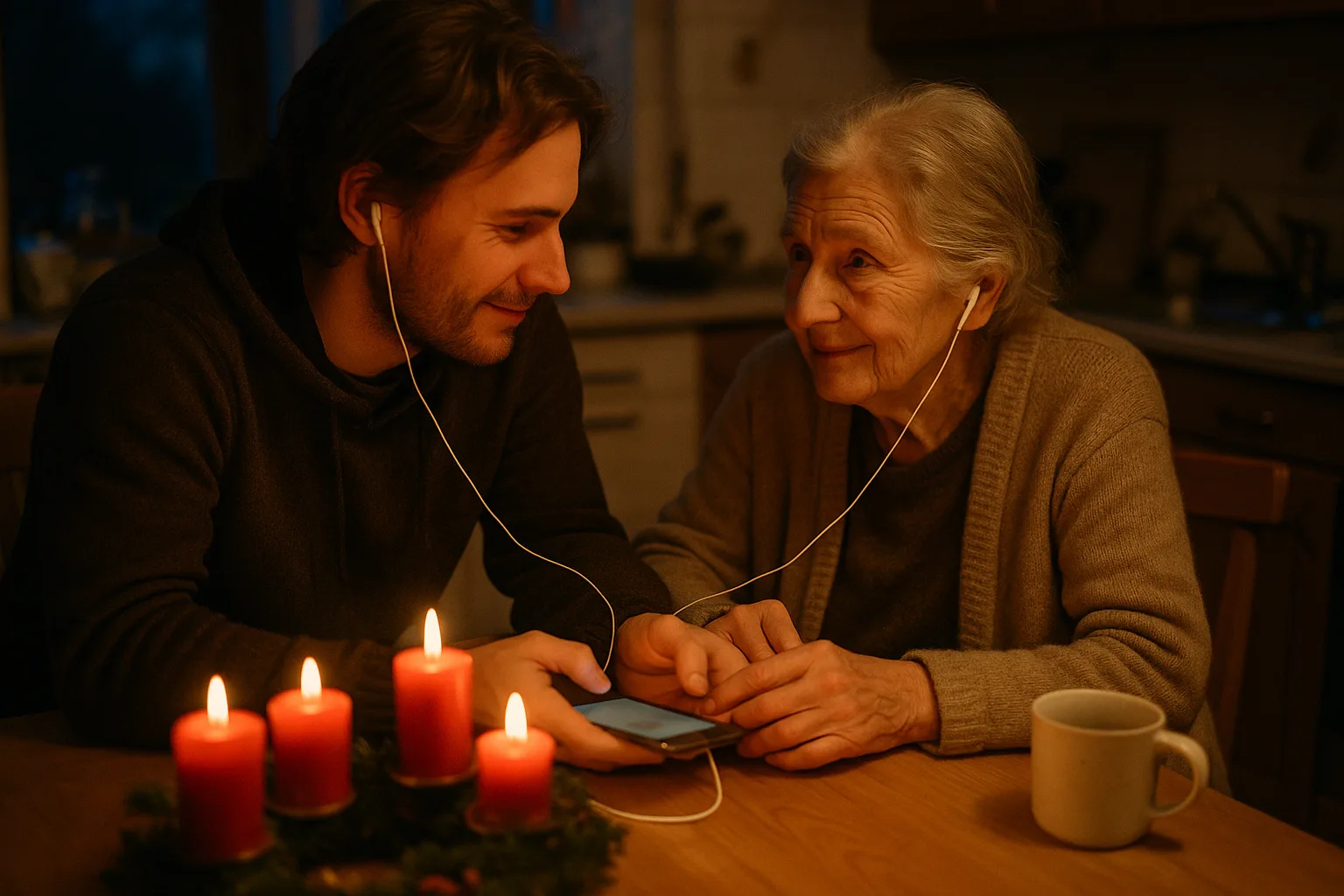 An older woman in her seventies and a grown grandchild in kitchen with an Advent wreath on the table