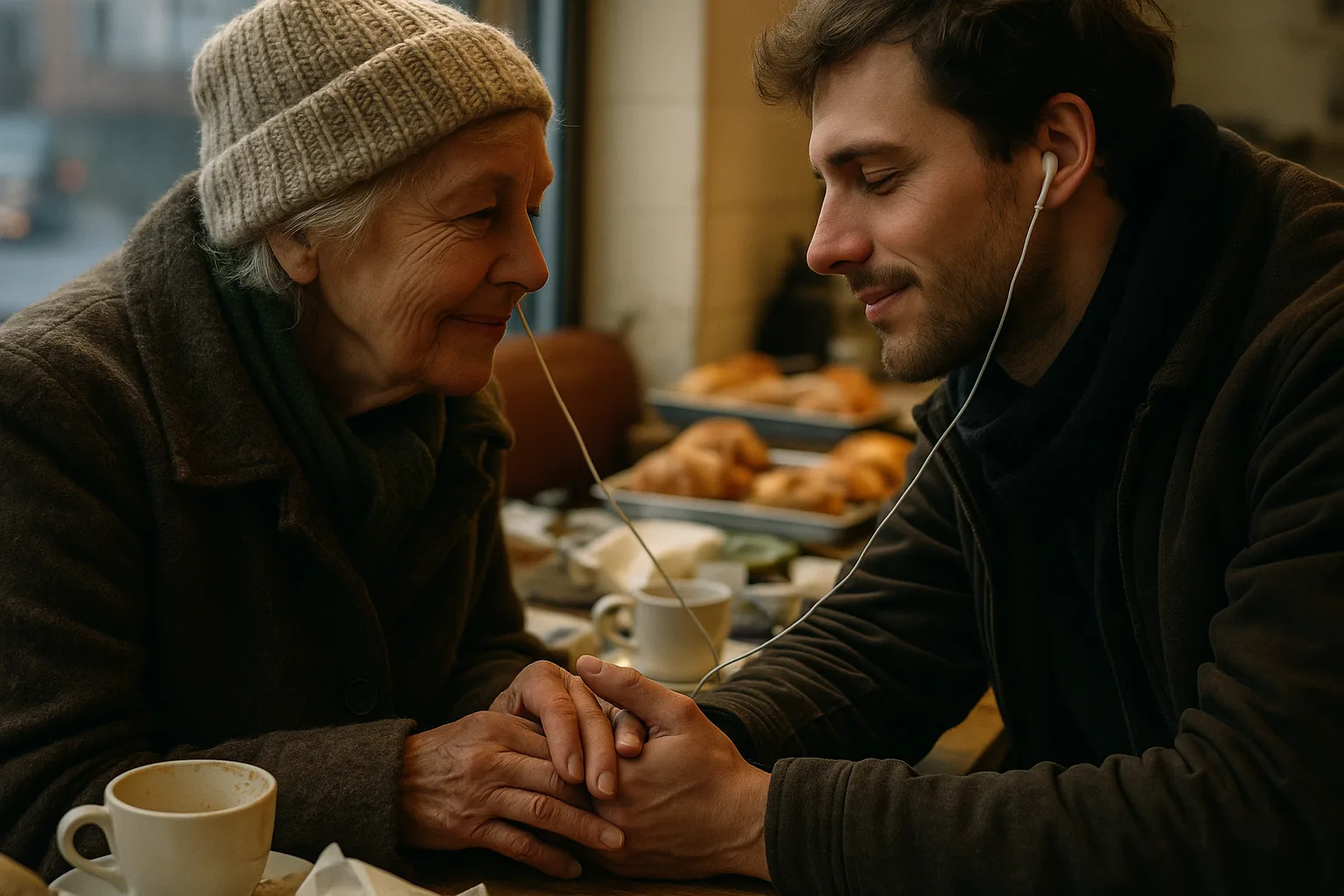 An older woman in her seventies and a grown grandchild in bakery window on a cold morning
