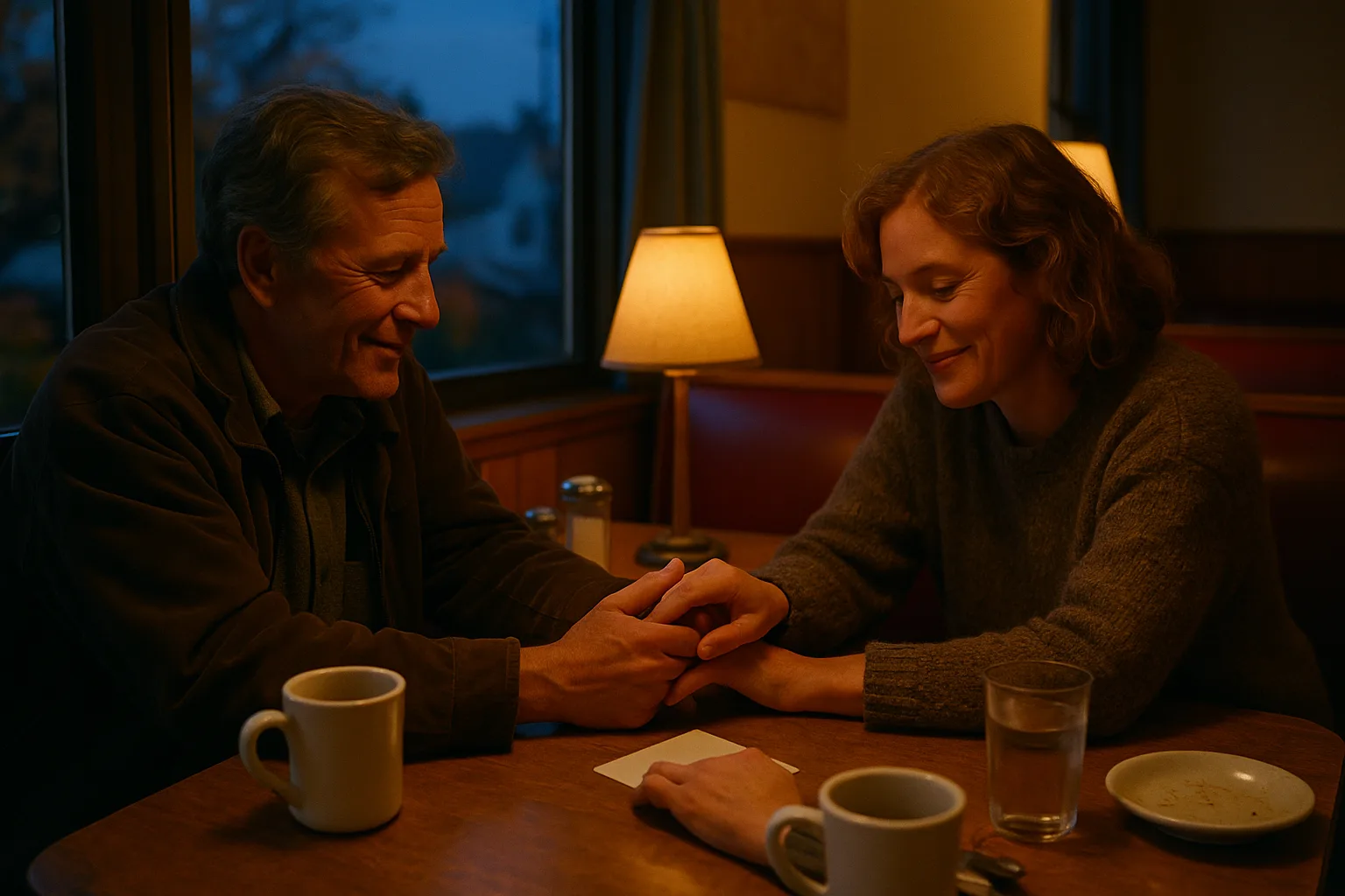 Two people who clearly know each other well in diner booth by a window