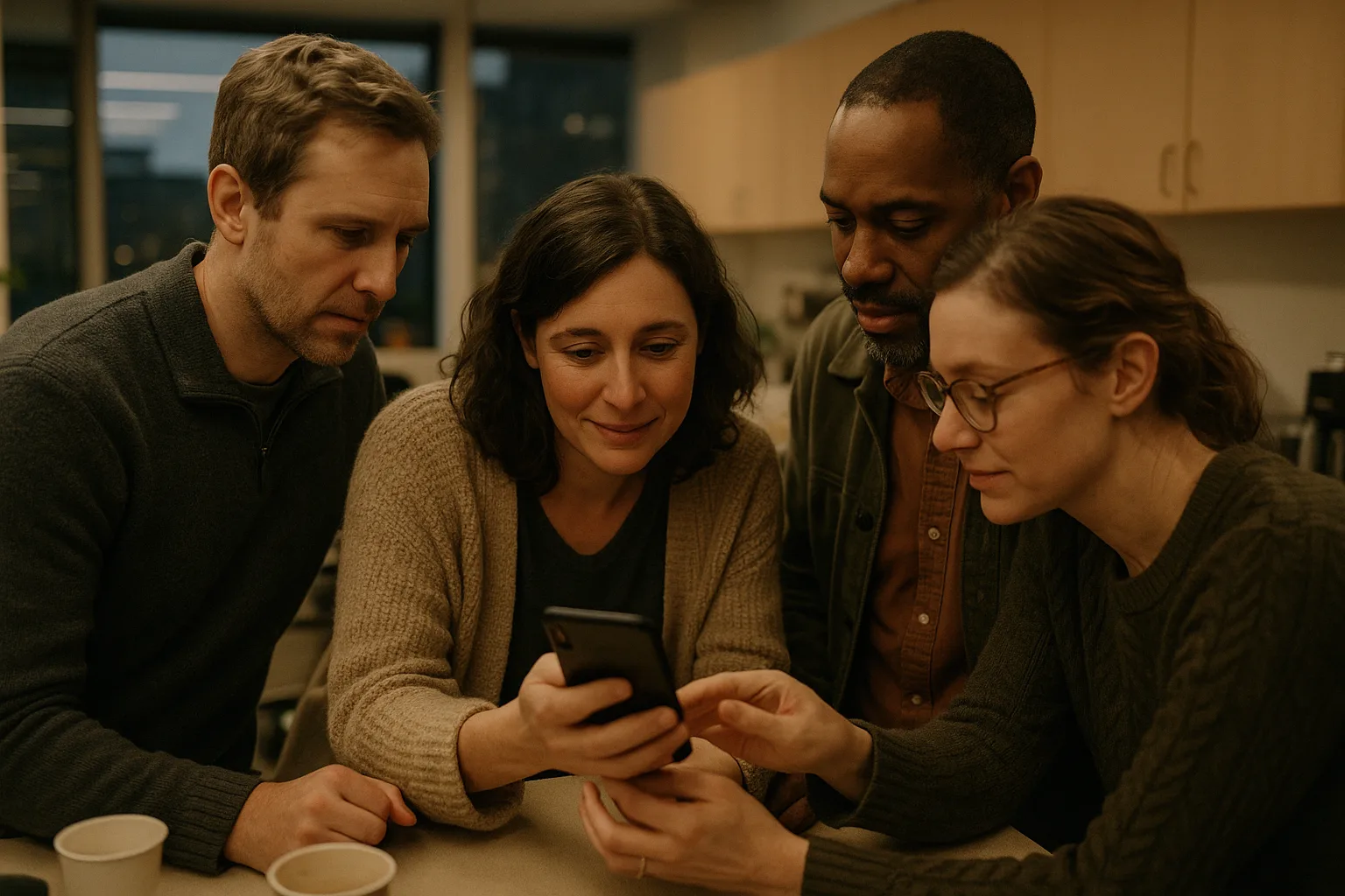 Work colleagues in their thirties and forties in American open-plan office kitchen