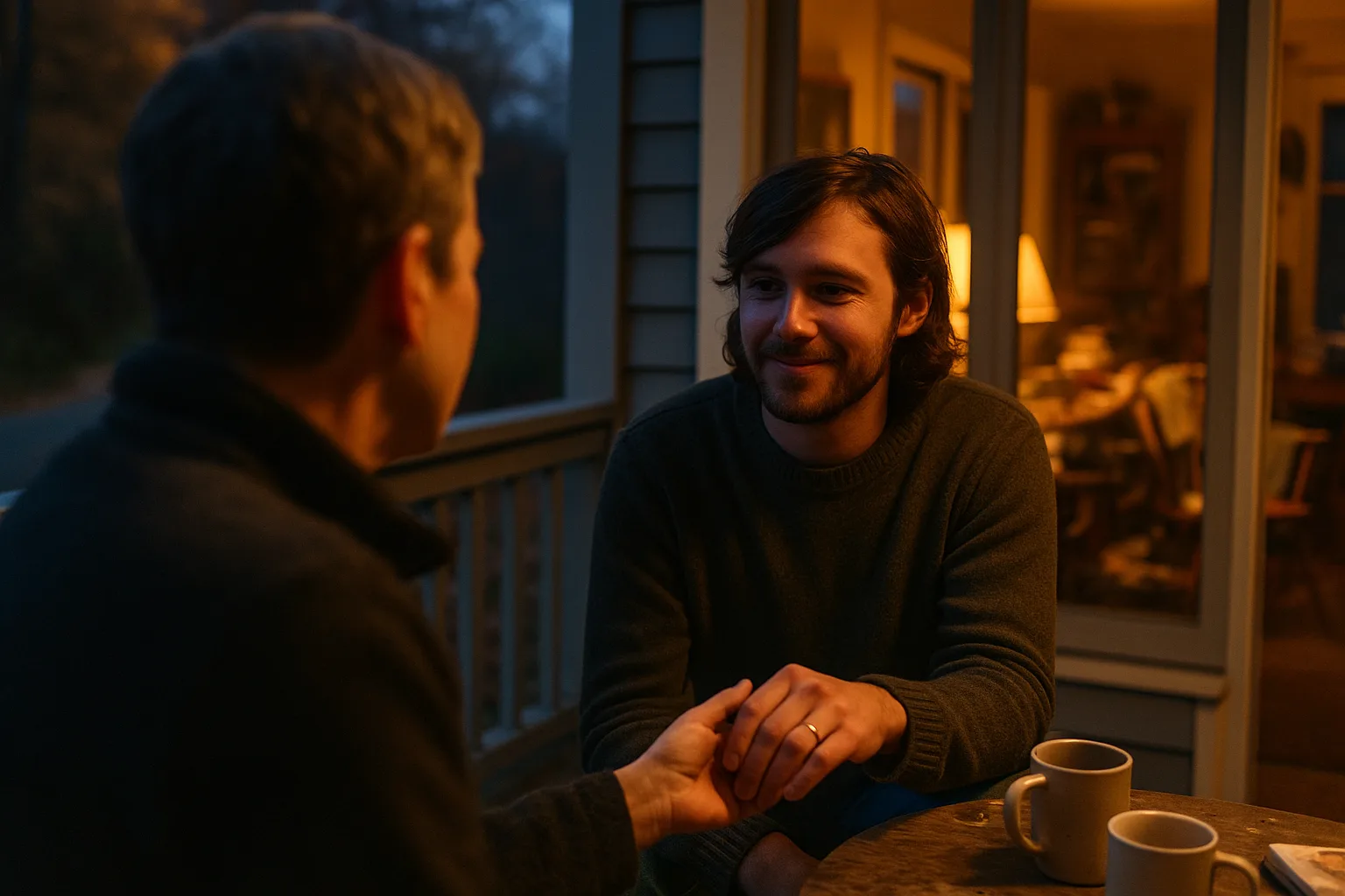 A parent in their fifties and their grown child in porch in early autumn