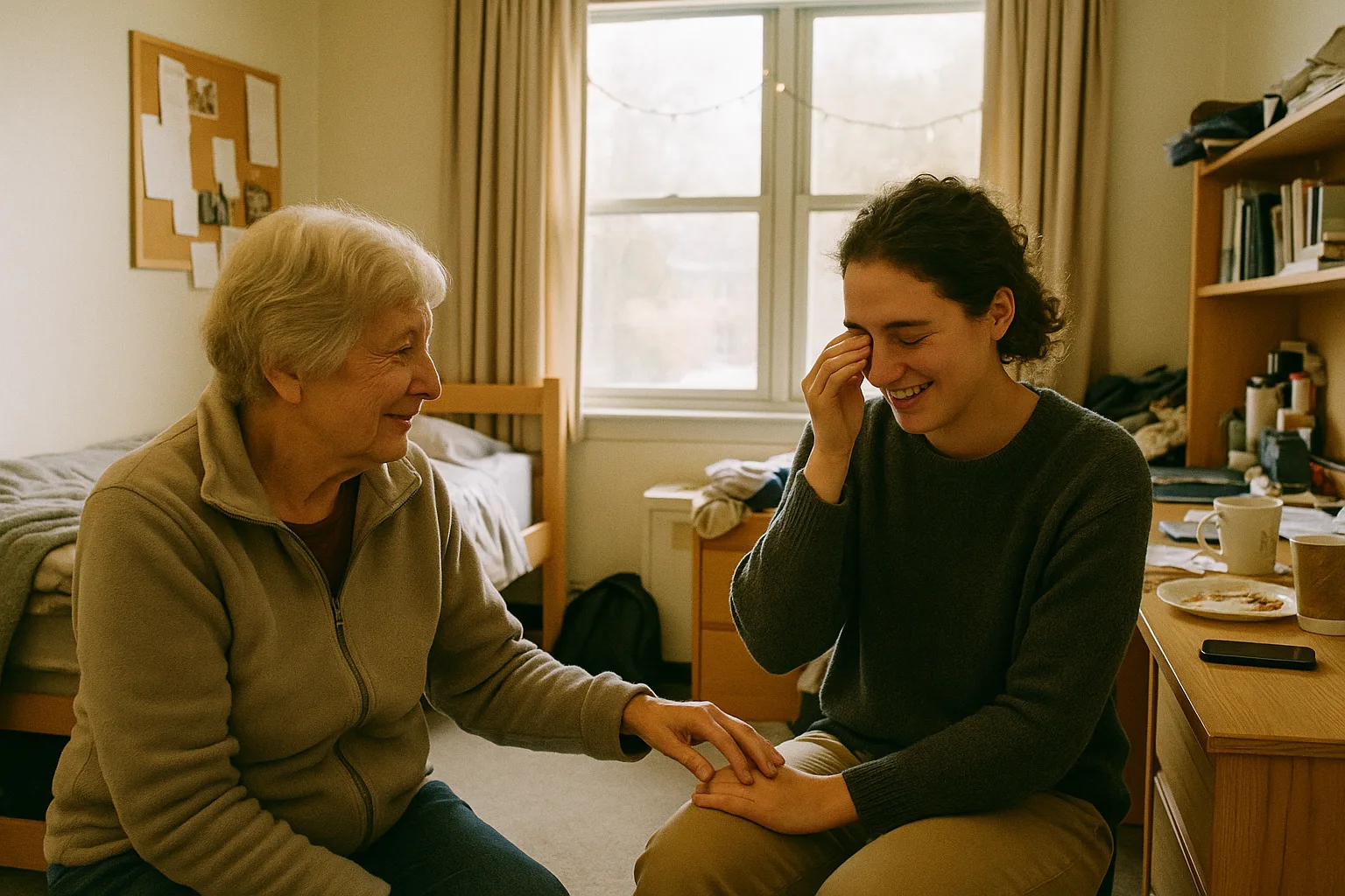 An older woman in her seventies and a grown grandchild in college dorm room