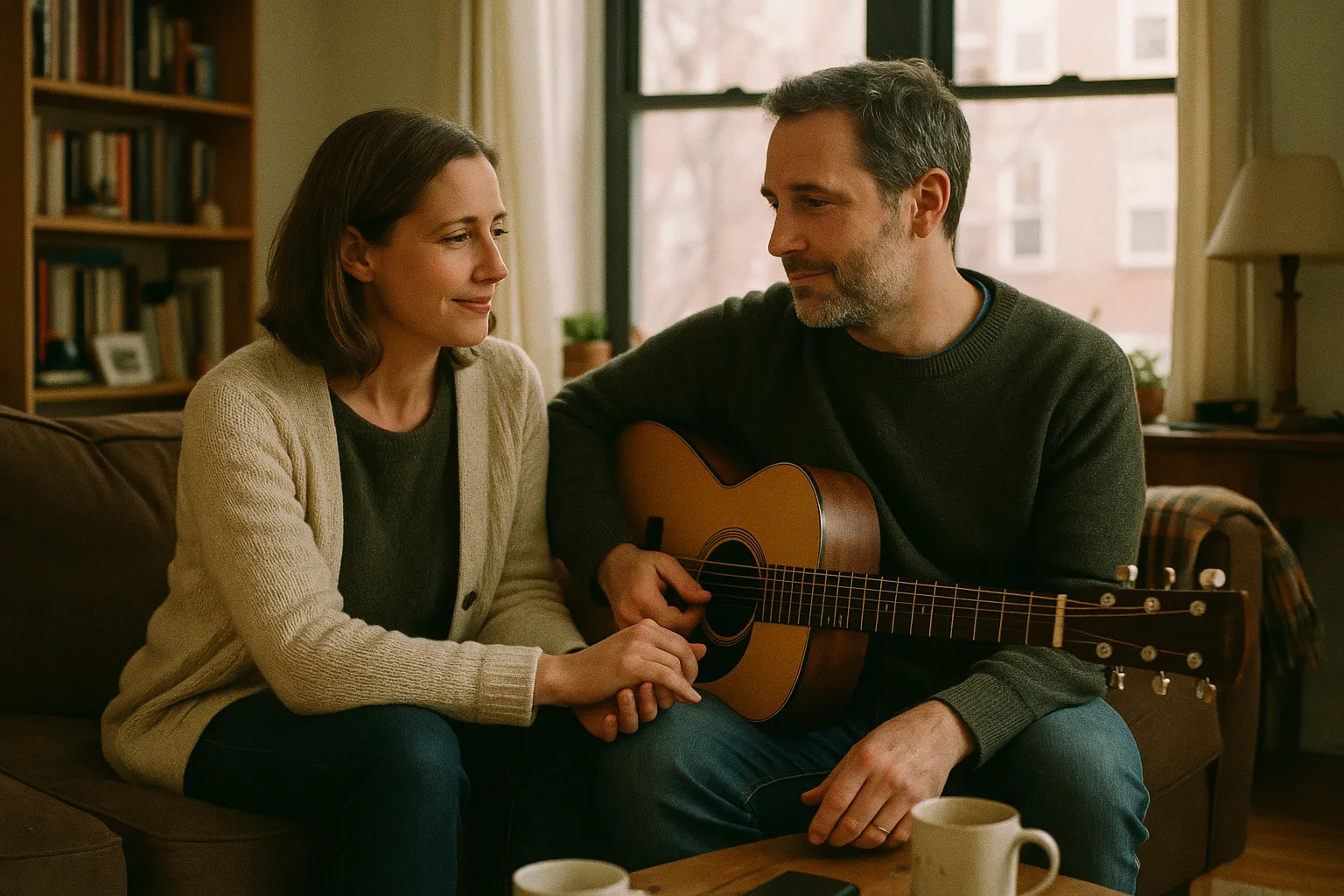 A married couple in their forties in Brooklyn walk-up living room