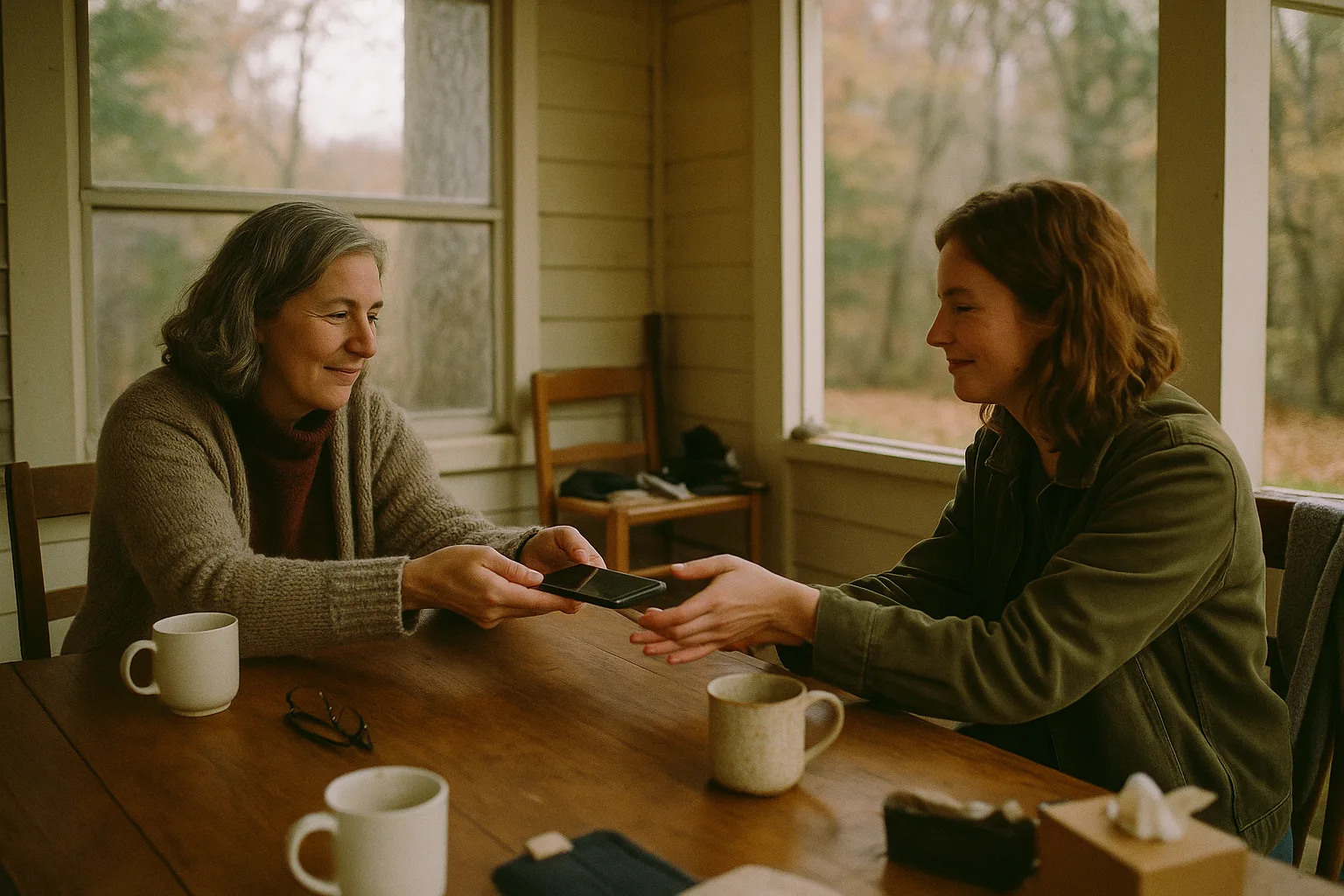 Two people who clearly know each other well in porch in early autumn
