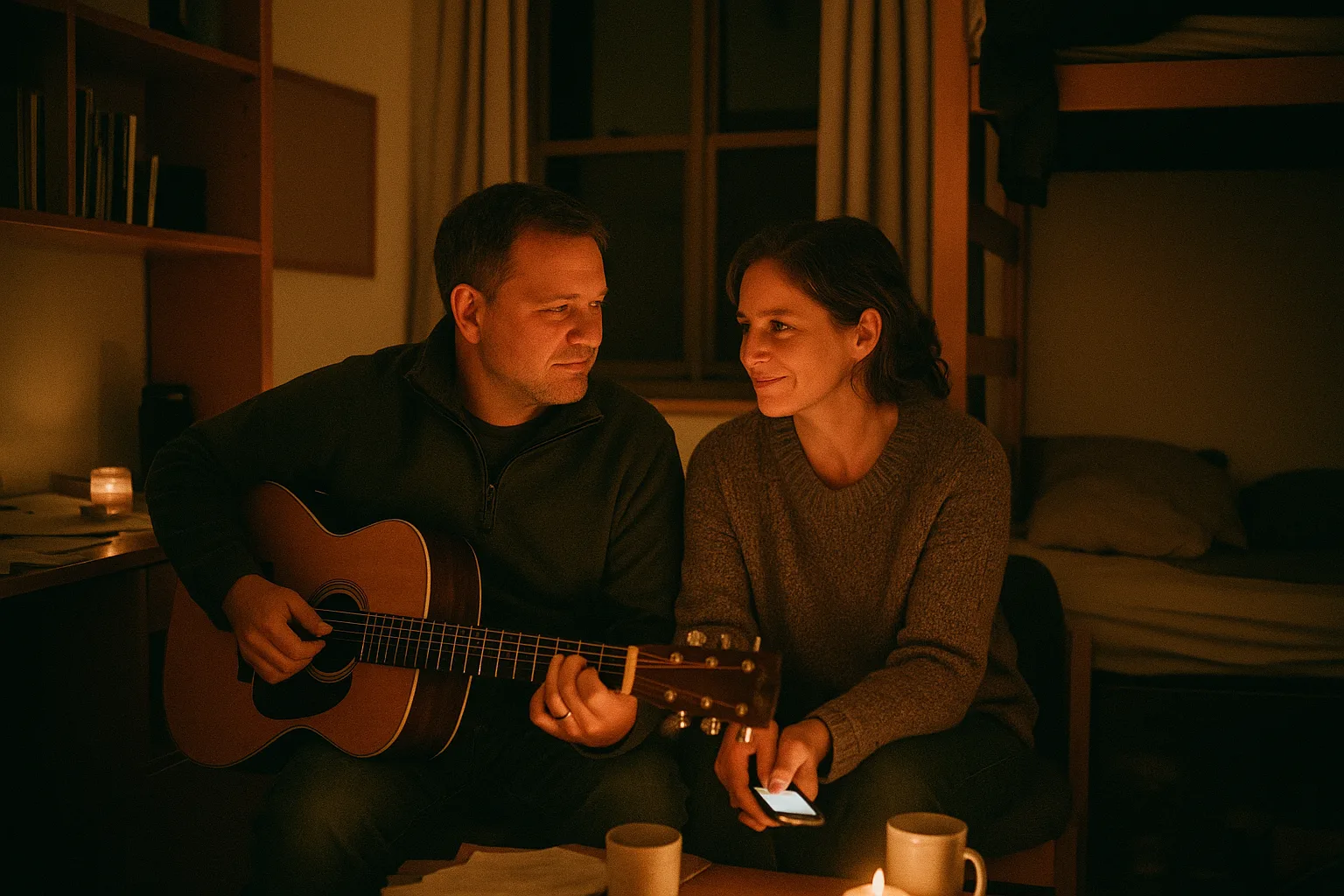 A married couple in their forties in college dorm room