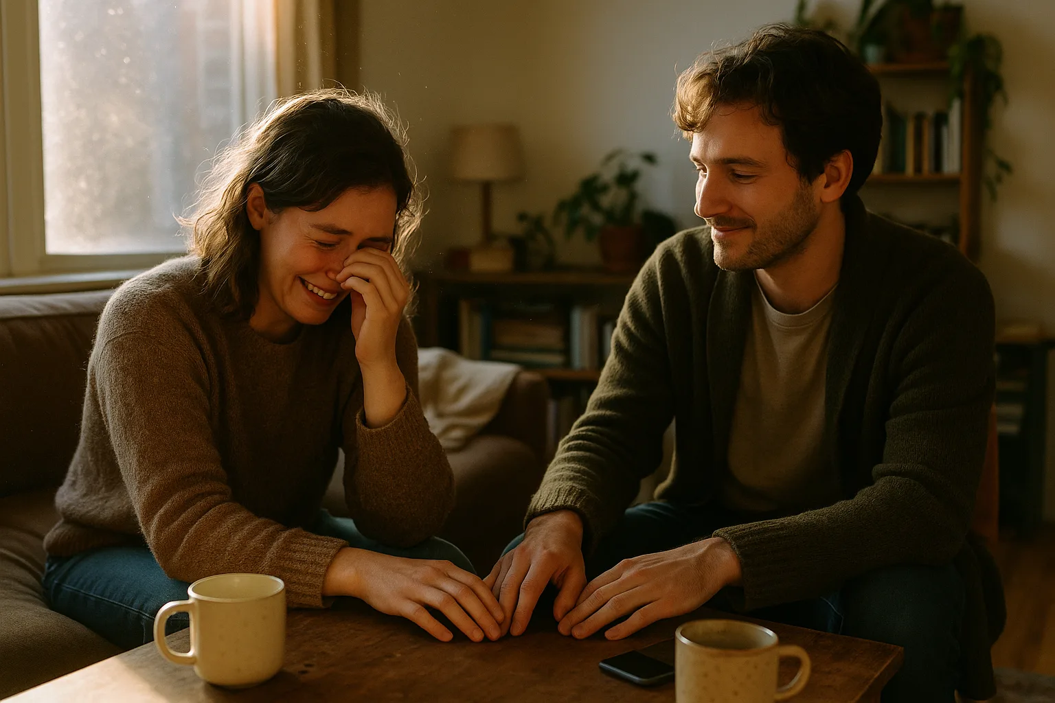 A young couple in their late twenties in Brooklyn walk-up living room