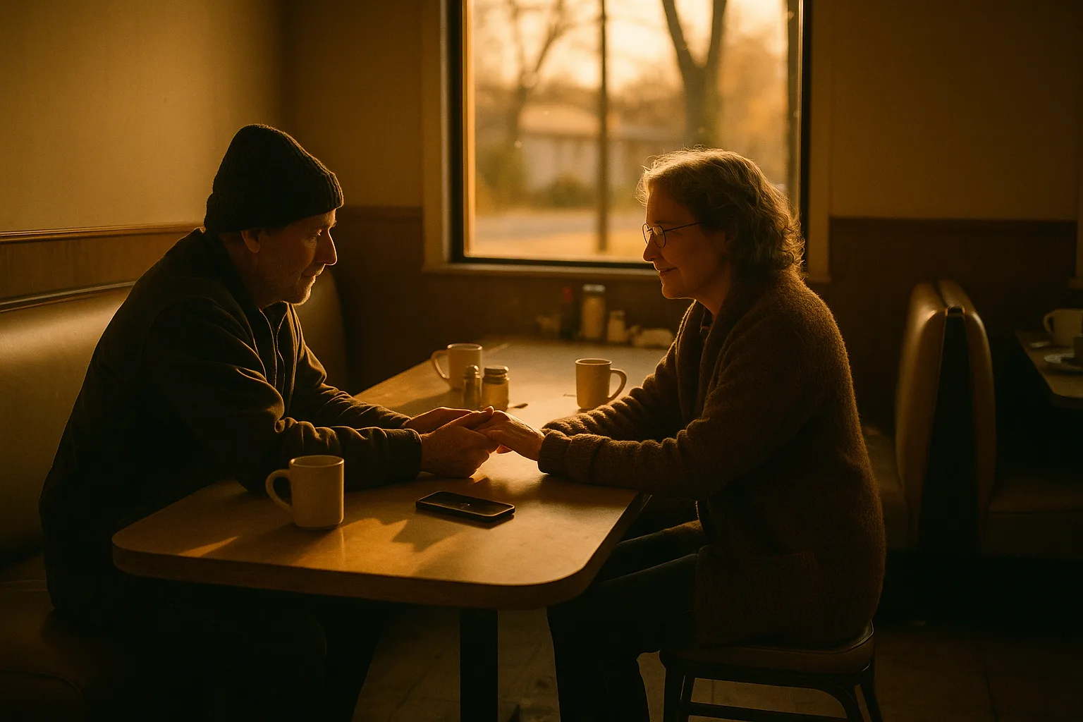 Two people who clearly know each other well in diner booth by a window