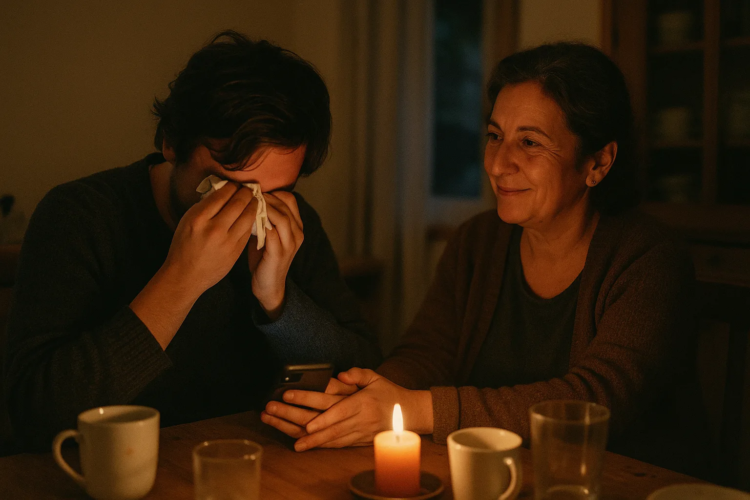 A mother in her fifties and her adult child in family dining room mid-afternoon
