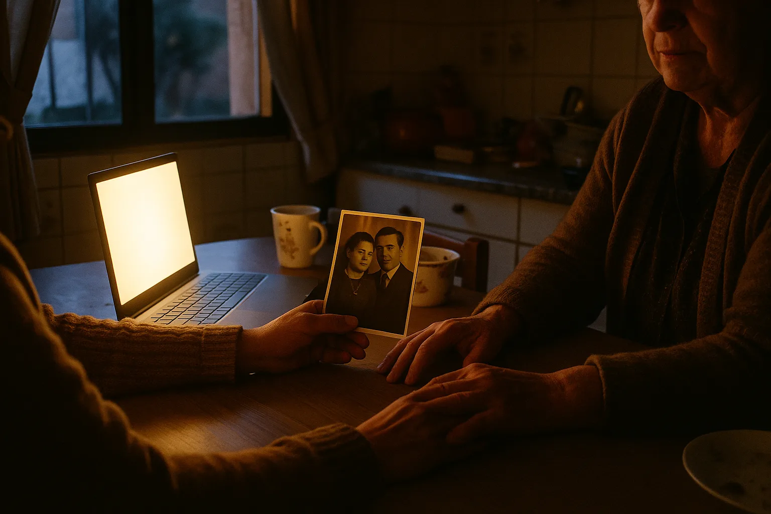 One person alone at a kitchen table, an old photograph propped in front of them in grandmother's kitchen with tiled walls