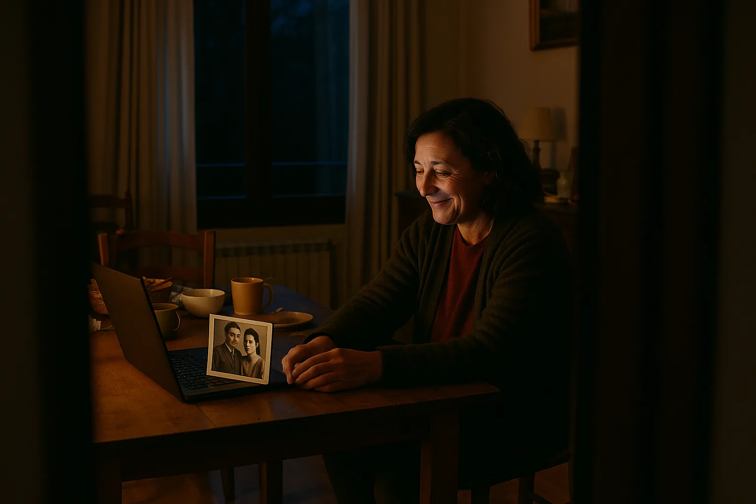 One person alone at a kitchen table, an old photograph propped in front of them in family dining room mid-afternoon
