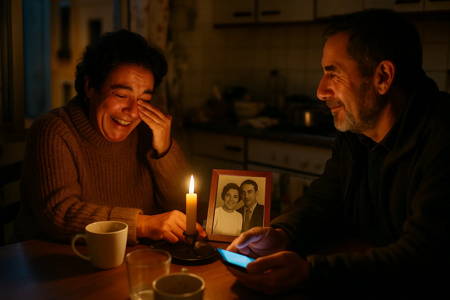 One person alone at a kitchen table, an old photograph propped in front of them in narrow old-town street in warm evening light
