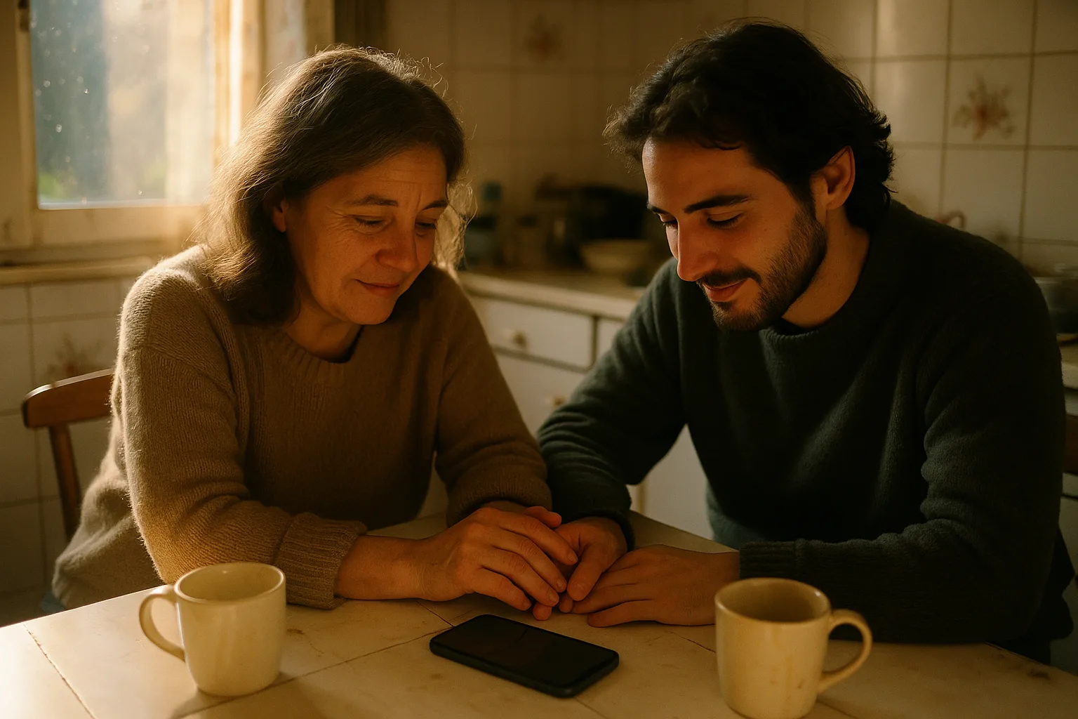 A mother in her fifties and her adult child in grandmother's kitchen with tiled walls
