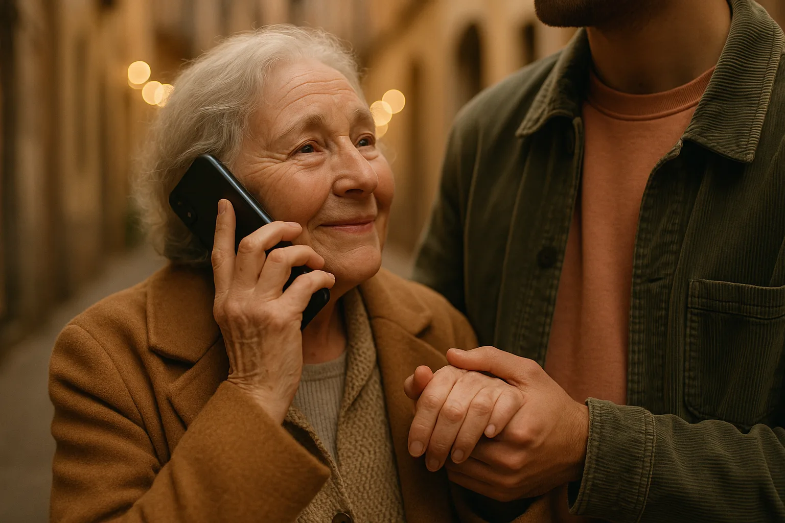 An older woman in her seventies and a grown grandchild in narrow old-town street in warm evening light