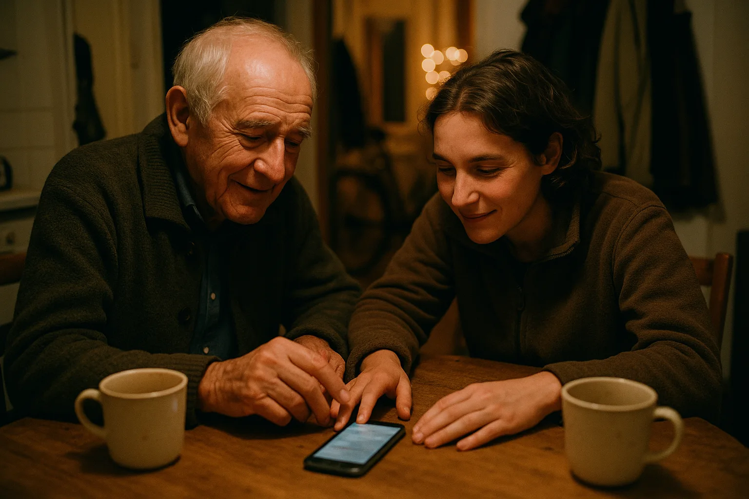 An older man in his seventies and a grown grandchild in hallway with coats and a bicycle