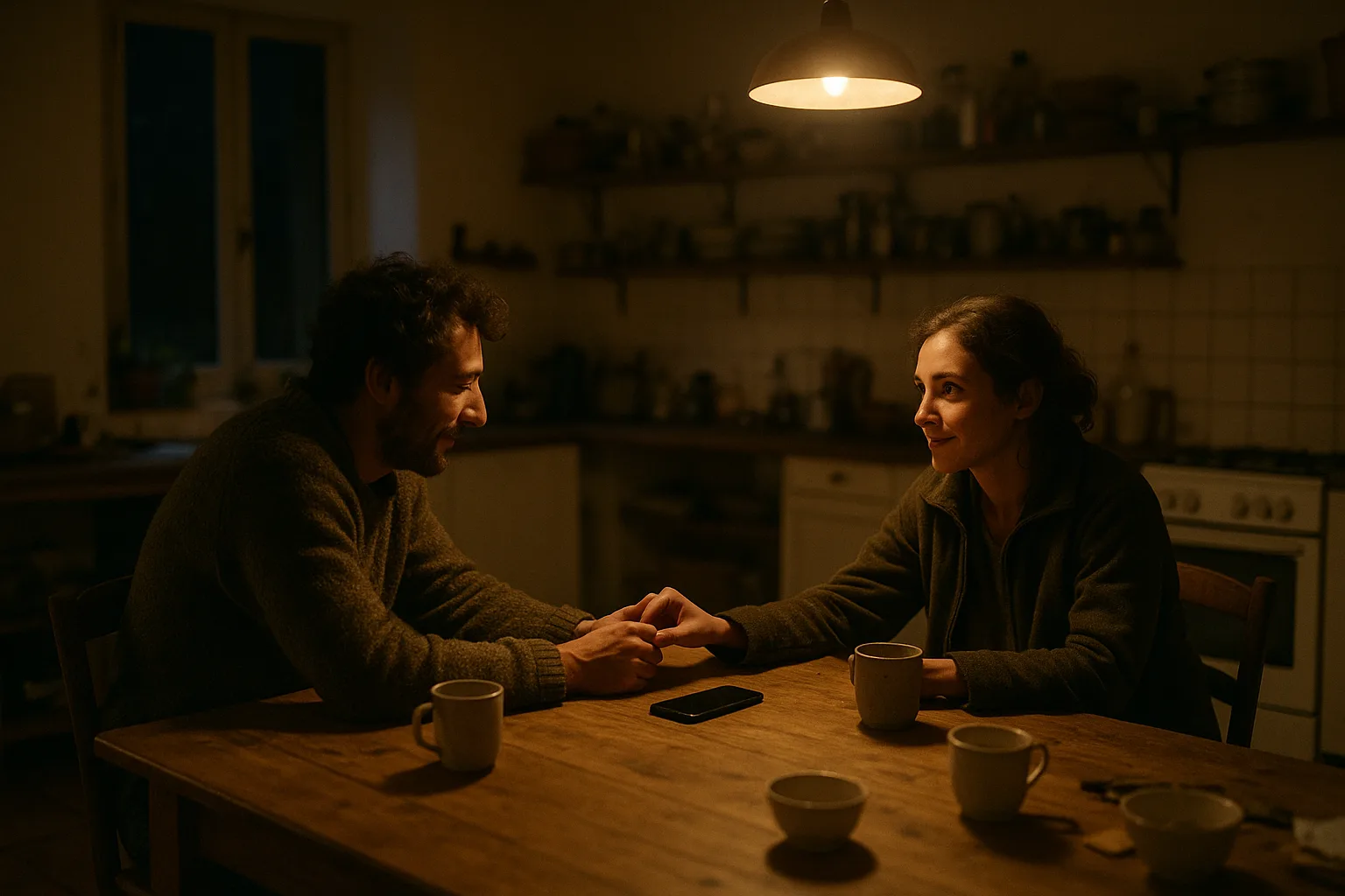 Two close friends in their thirties in provincial kitchen with a long wooden table