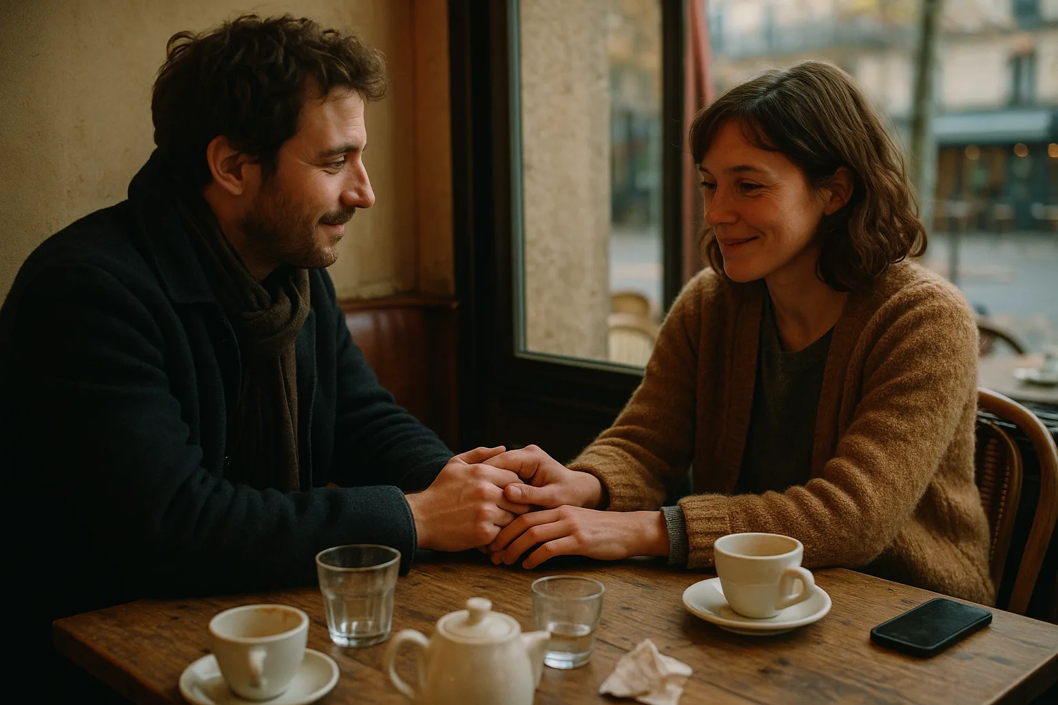 One person in their thirties, at home in café terrace in November