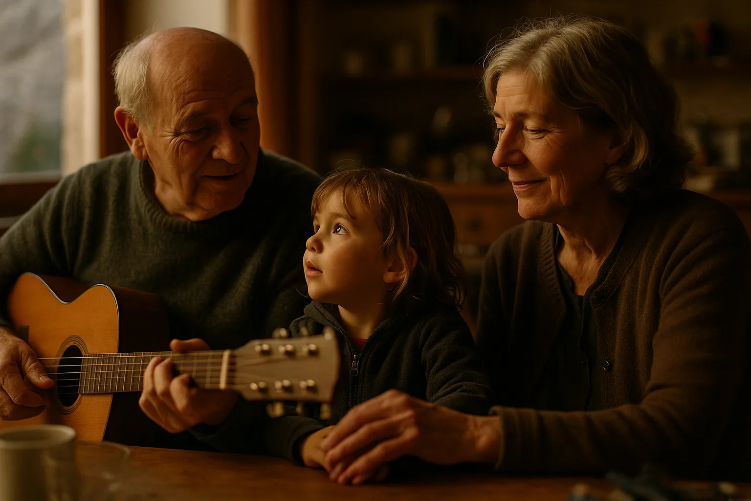 Grandparents in their seventies and a small grandchild in stone village street after rain