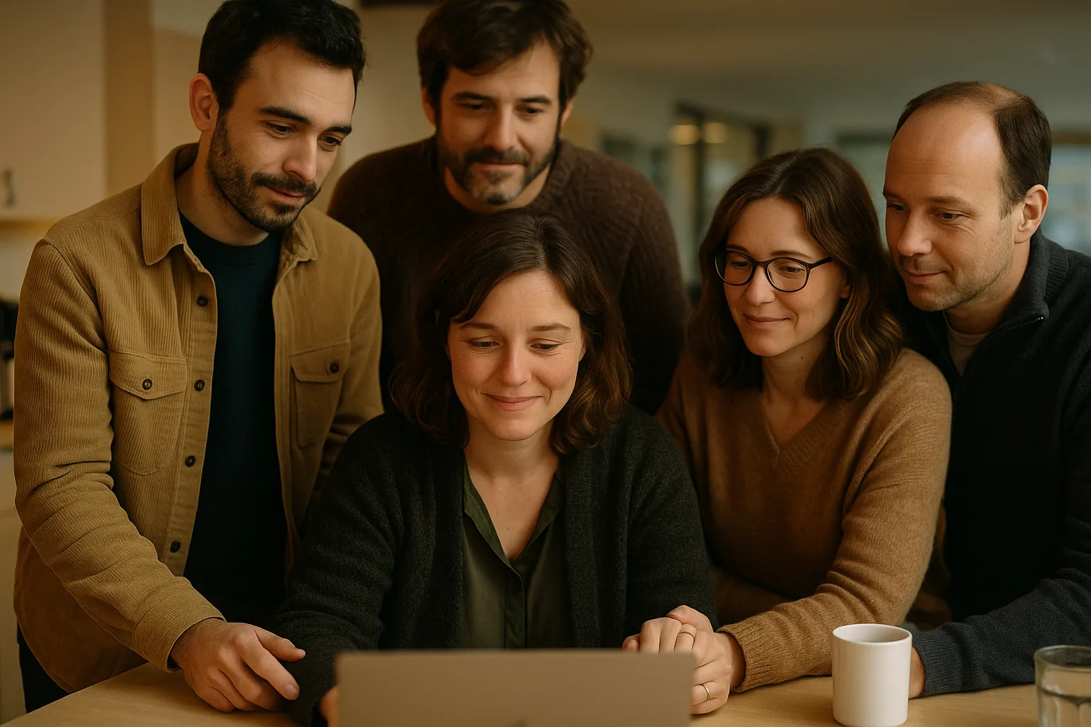 Work colleagues in their thirties and forties in American open-plan office kitchen, in France
