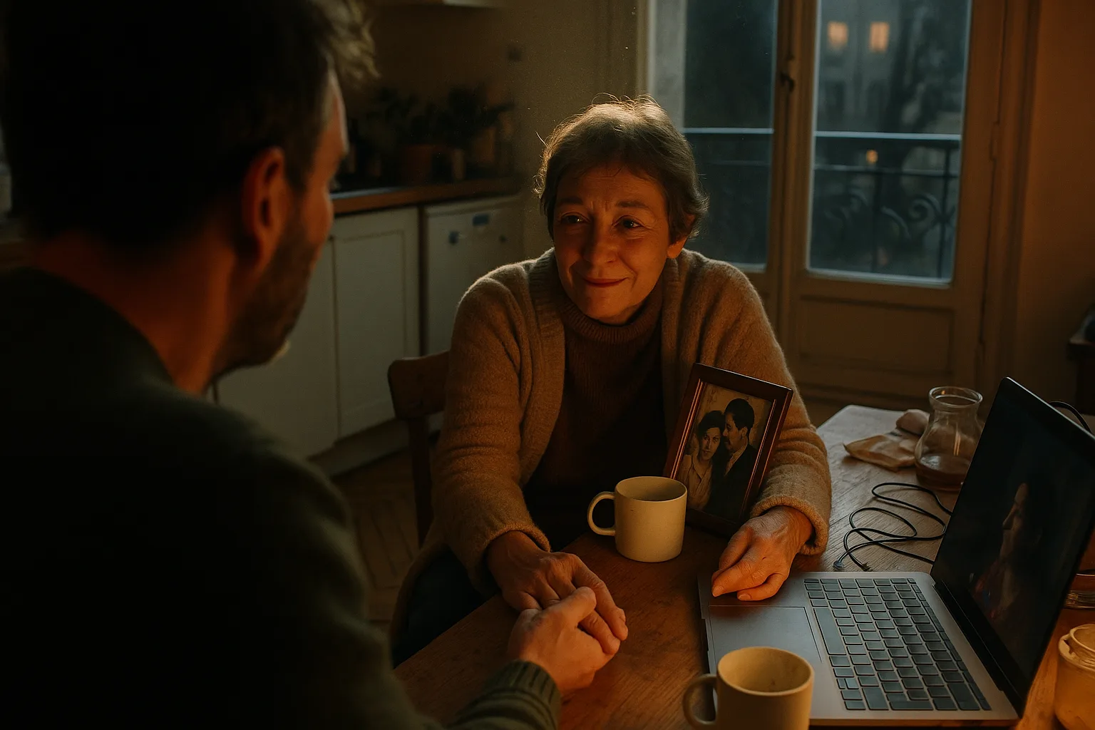 One person alone at a kitchen table, an old photograph propped in front of them in Parisian apartment with parquet and tall windows