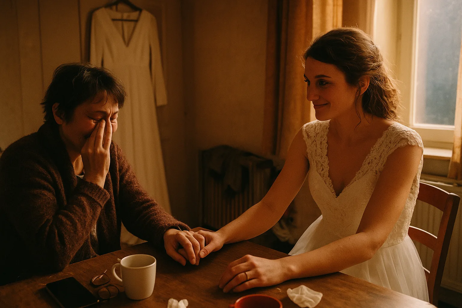A bride and her mother in bridal suite before the ceremony, dress hanging on the door, in France