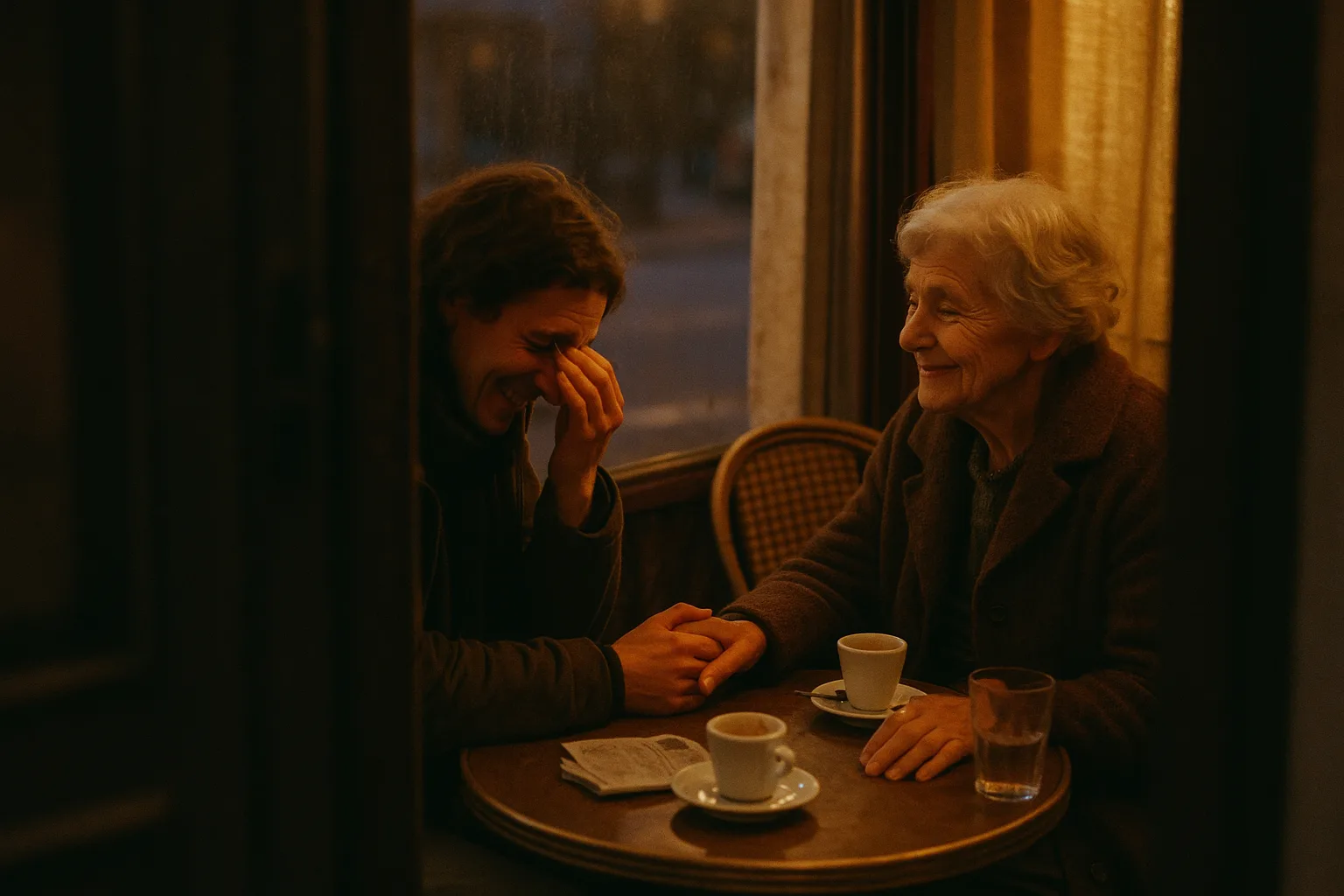 An older woman in her seventies and a grown grandchild in café terrace in November