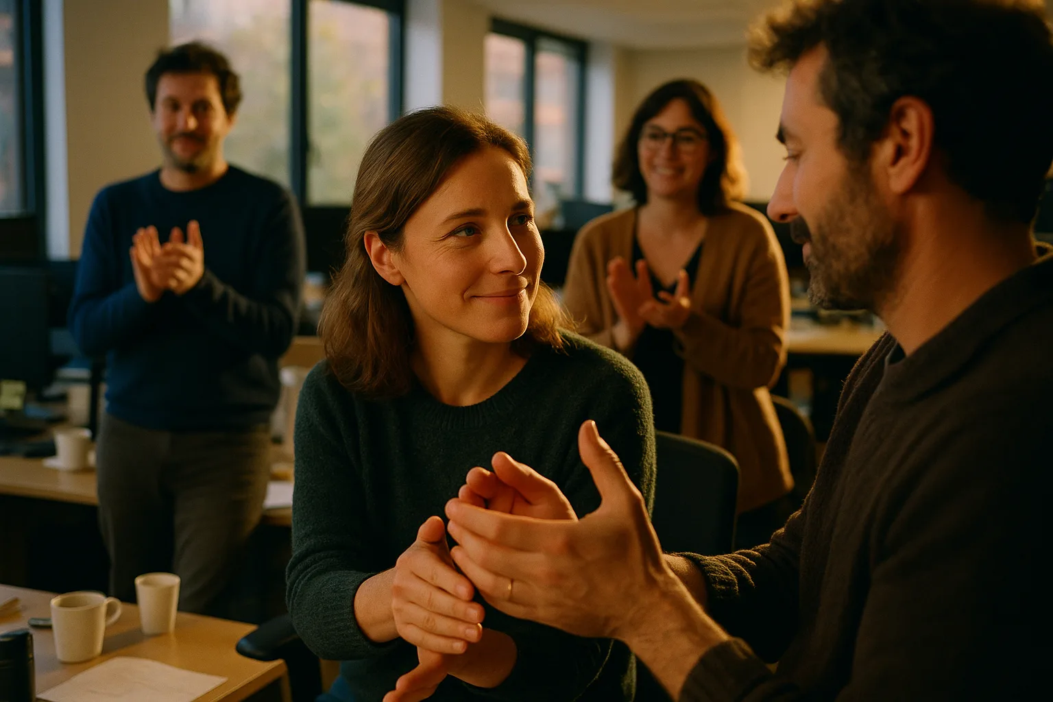 Work colleagues in their thirties and forties in American open-plan office kitchen, in France