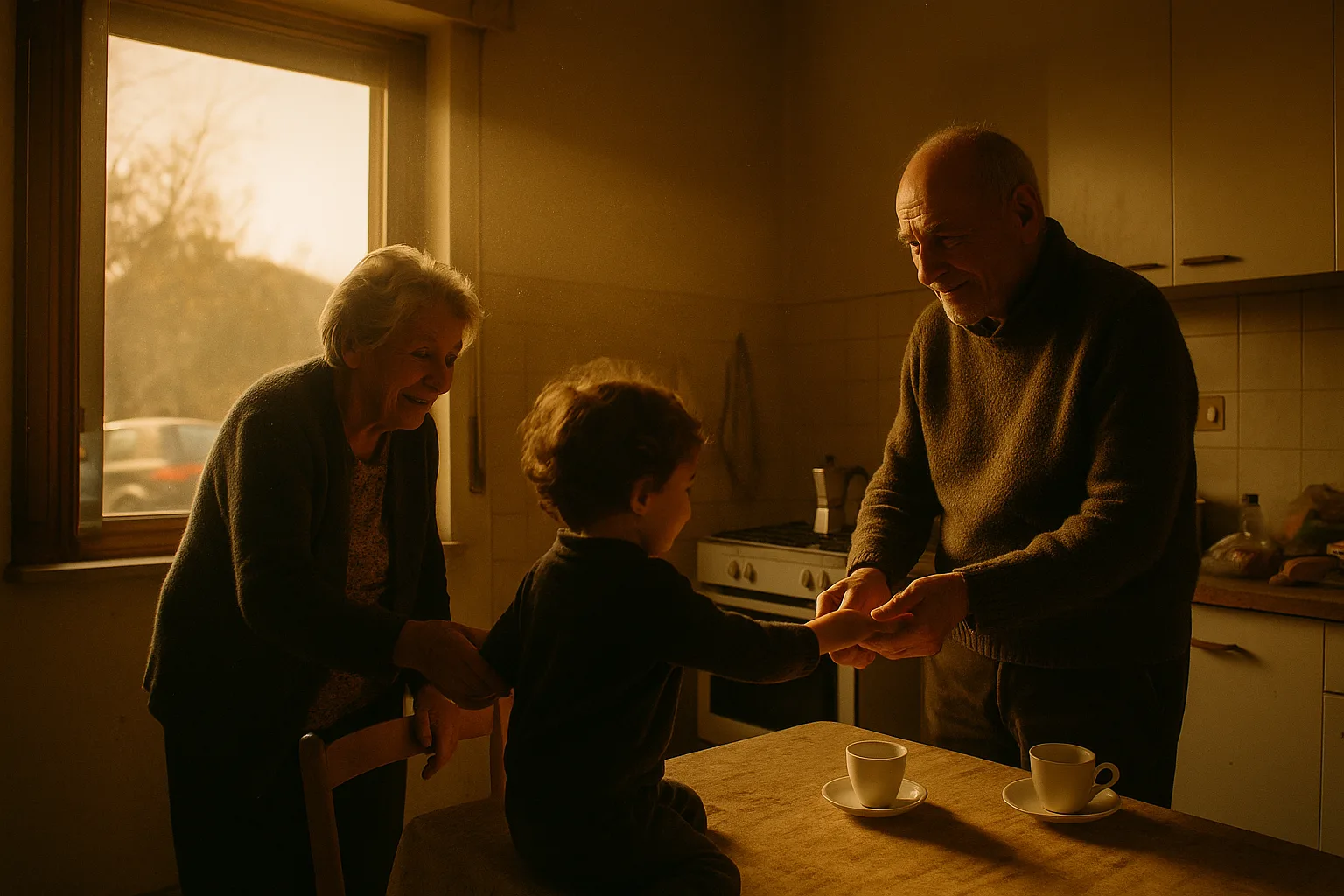 Grandparents in their seventies and a small grandchild in nonna's kitchen with a coffee pot on the stove