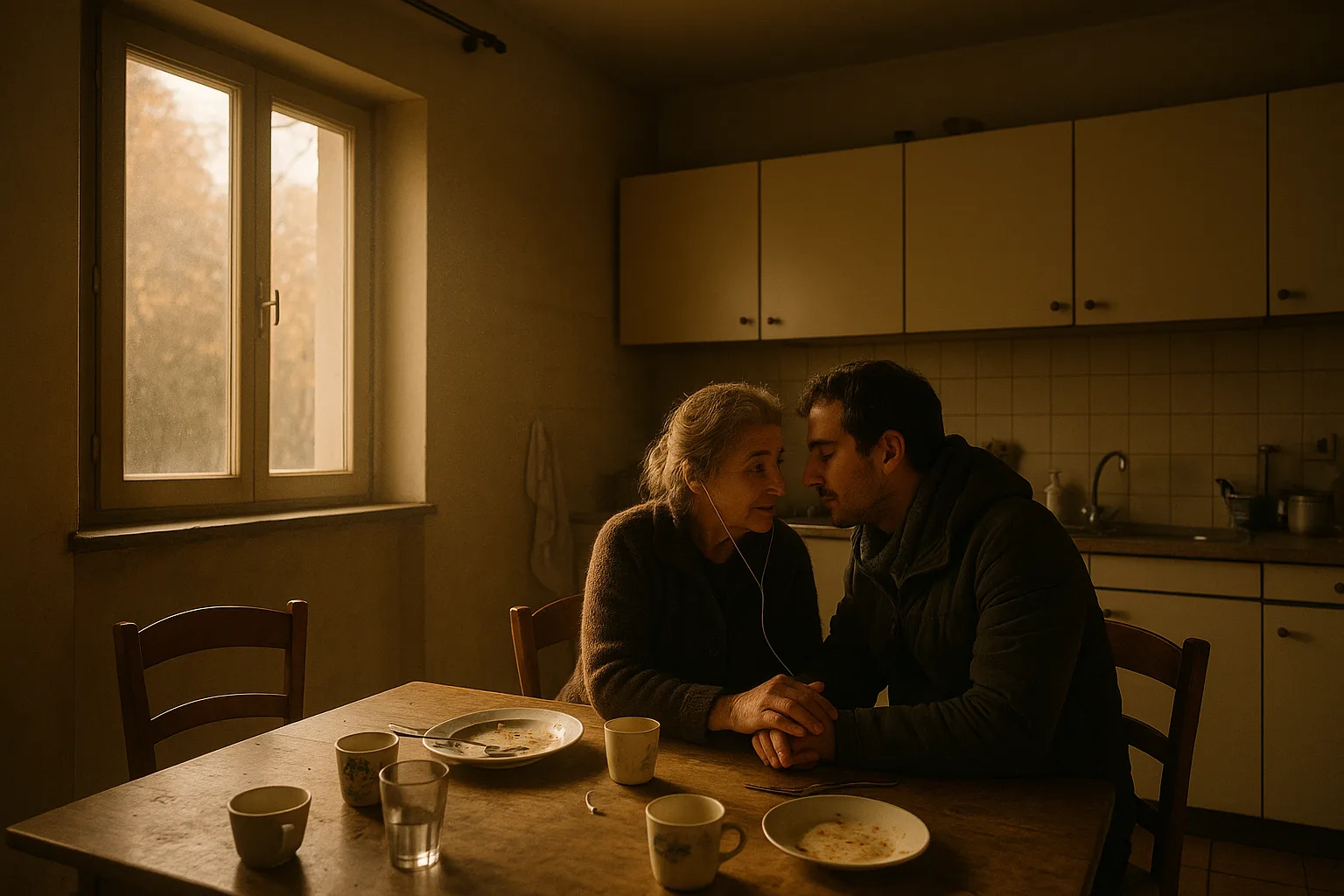 Two people who clearly know each other well in Italian family kitchen mid-lunch, chairs pulled out