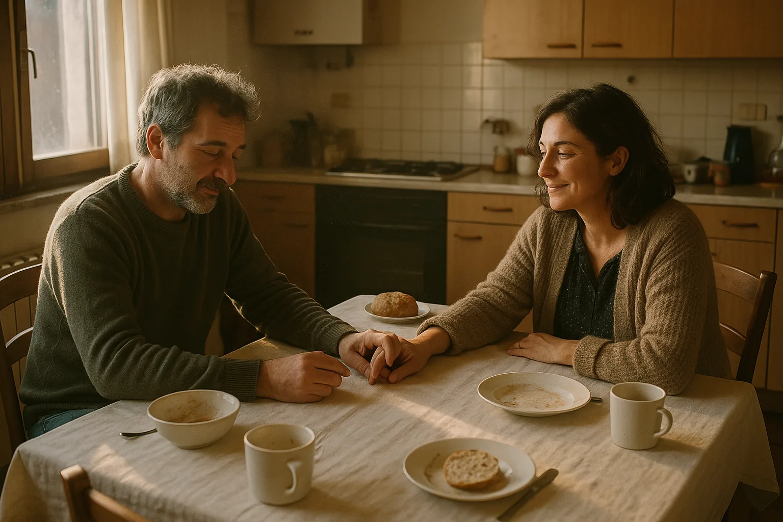 A married couple in their forties in Italian family kitchen mid-lunch, chairs pulled out