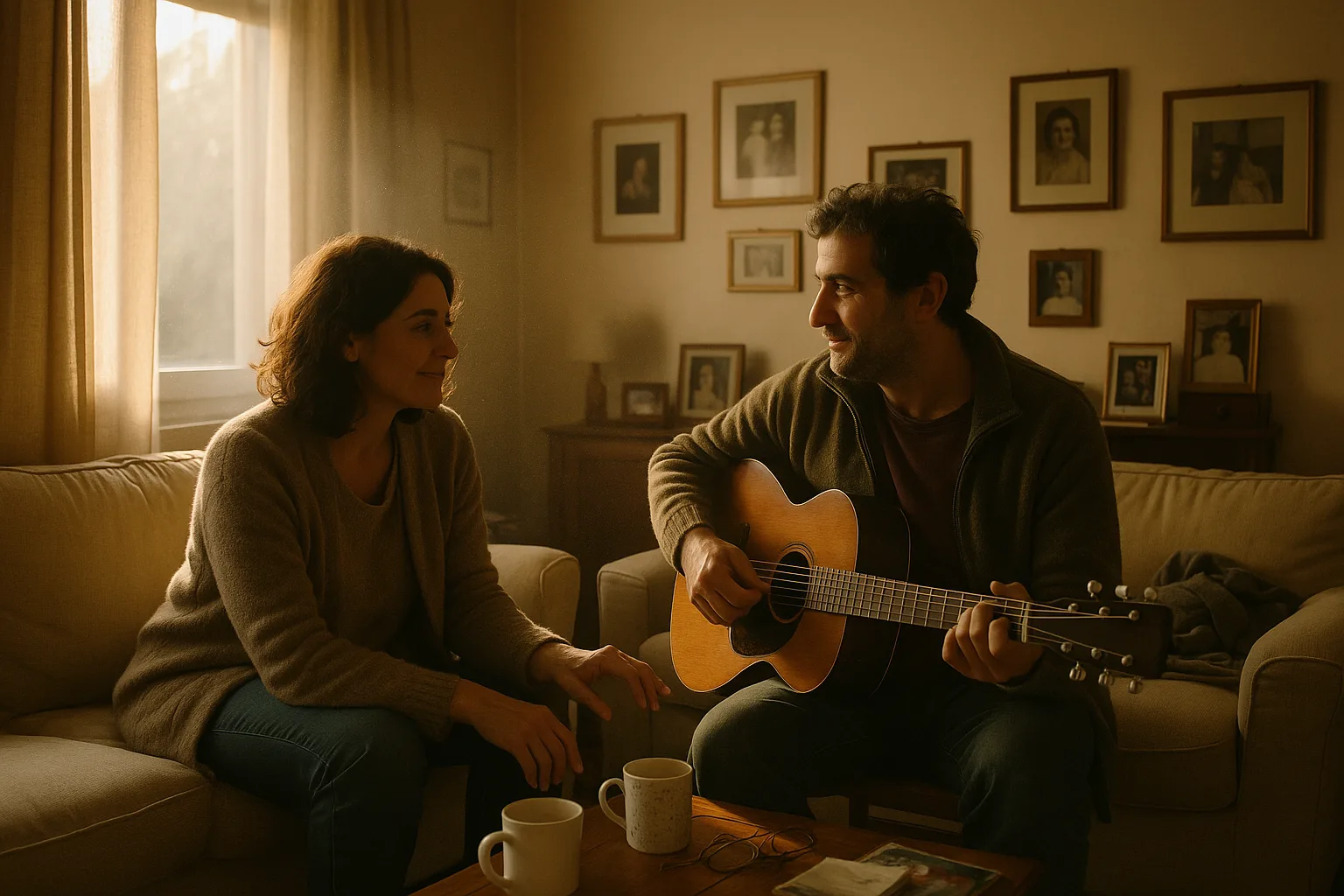 A married couple in their forties in living room with heavy curtains and framed photographs